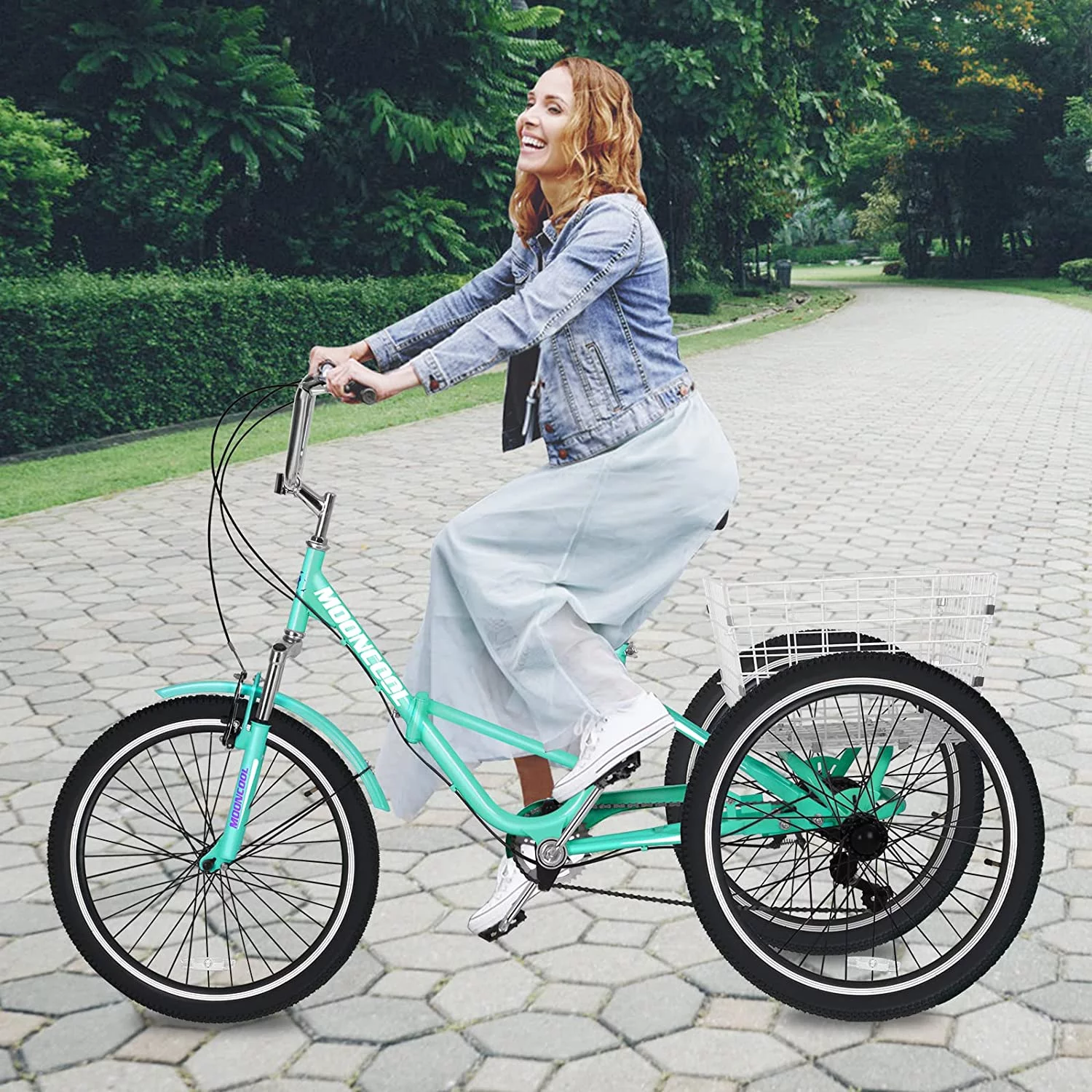 MOONCOOL Adult Folding Tricycle, 7 Speed 20/24/26 inch Adult Tricycles, Three Wheel Bike Cruiser Trike with Large Basket - Womvr