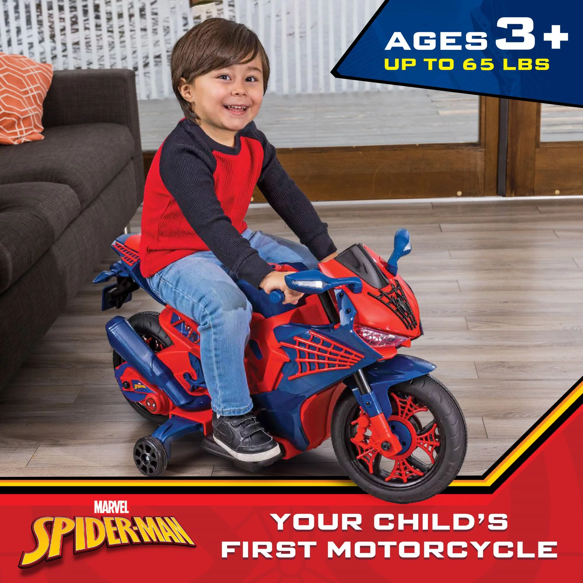 Spiderman 6V Motorcycle Ride On, for Kids, Ages 3+, Rechargeable Battery, up to 65lbs - Womvr