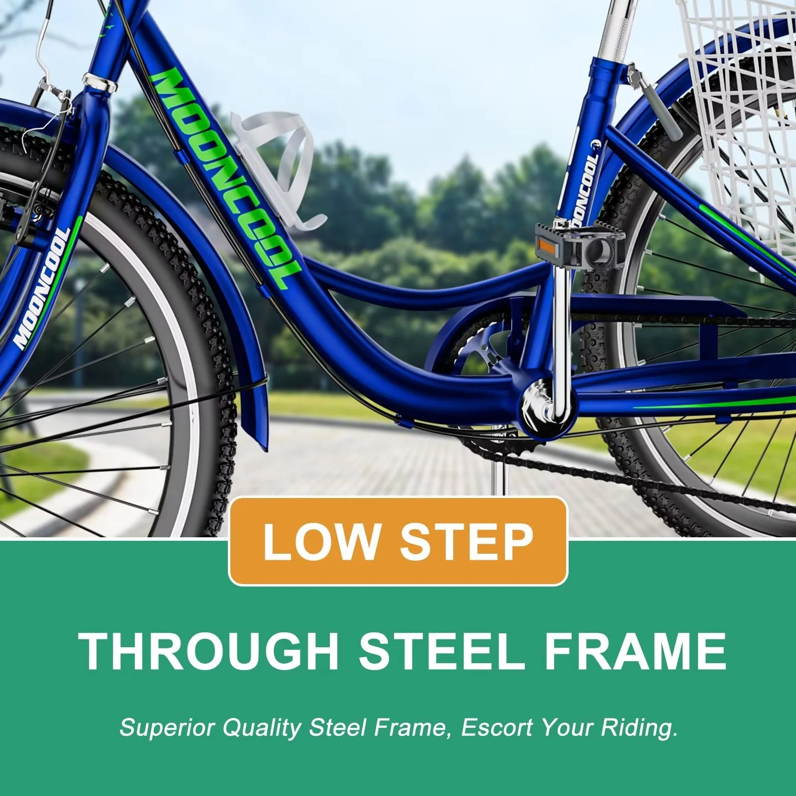 MOPHOTO Adult Tricycle for Seniors (Cyan, 26inch /7-Speed), Low Frame Three Wheel Bikes with Large Basket & Bell, 3 Wheel Cargo Bicycle, Safe and Durable Trike - Womvr