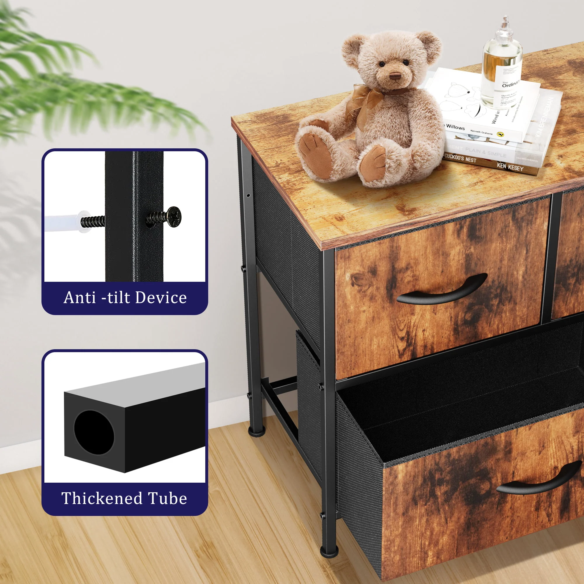 EDX 5 Drawer Dresser, Wide Chest Of Drawers Nightstand Storage Tower Storage Dresser Fabric Dresser With Wood Top for Living Room, Bedroom, Hallway, Nursery, Rustic Brown - Womvr