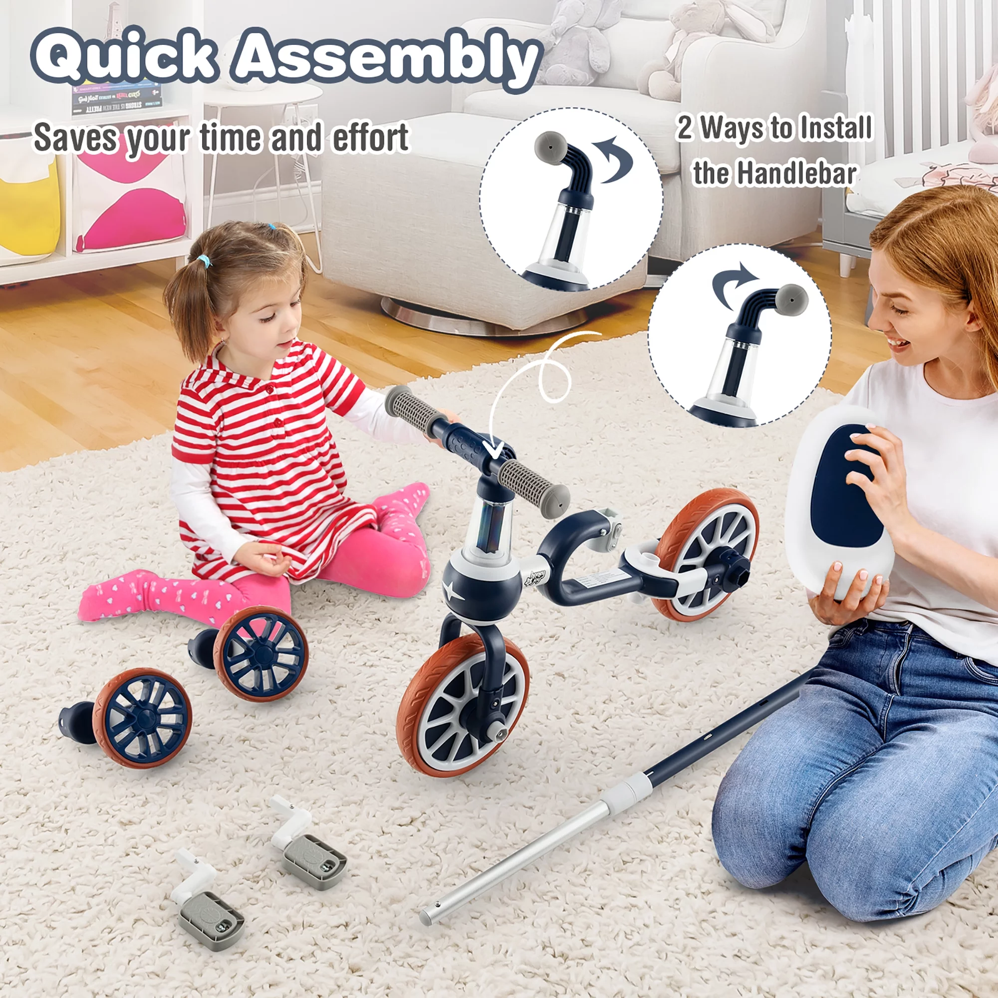 Costway 4 in 1 Kids Tricycles with  Push Handle & Training Wheels Baby Balance Bike Navy - Womvr