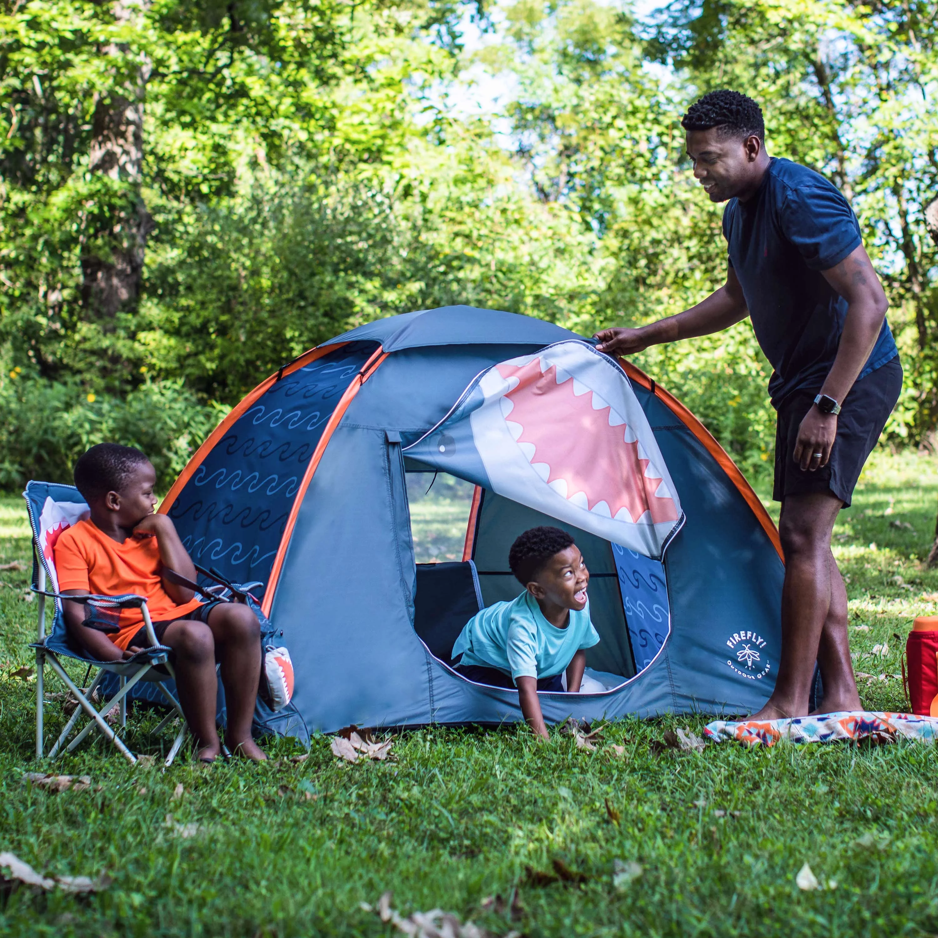 Firefly! Outdoor Gear Finn the Shark 2-Person Kid's Camping Tent - Navy/Orange/Gray Color, One Room - Womvr