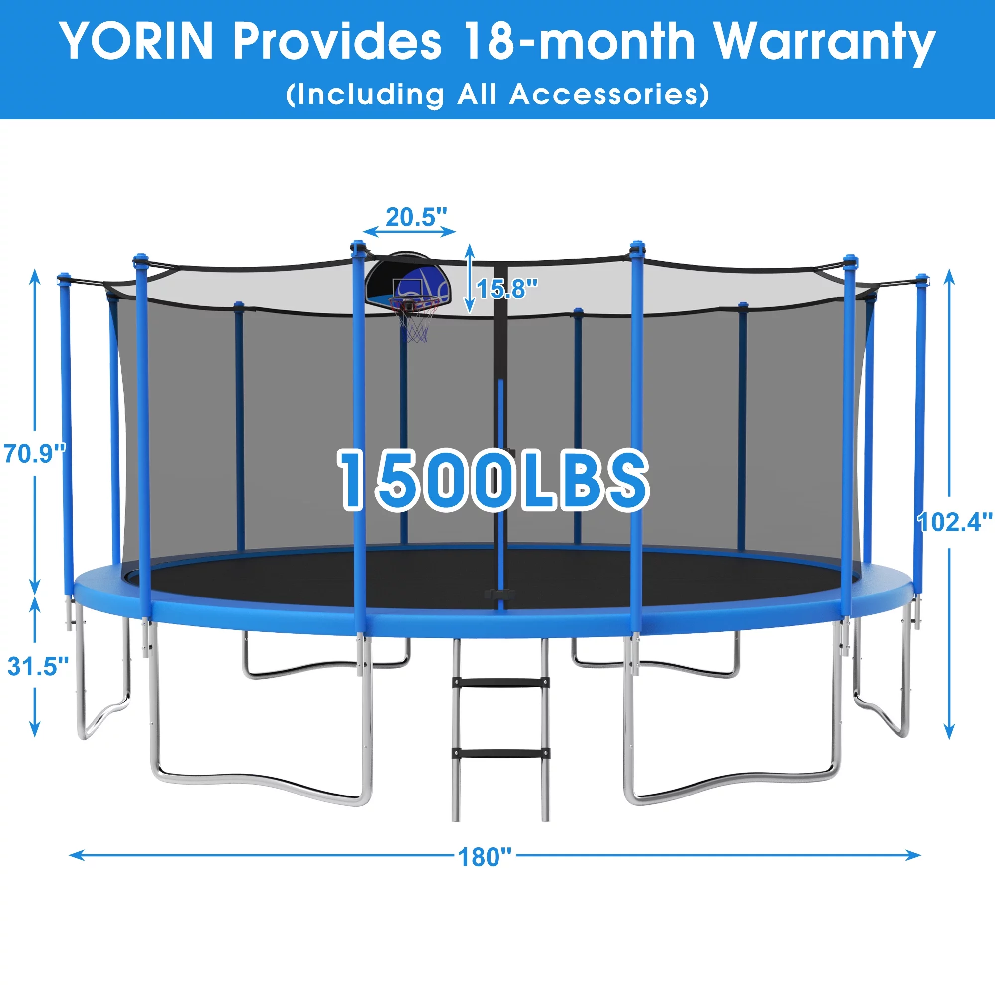 YORIN 1200LBS 12FT 14FT 15FT Trampoline for Kids Adults, Trampoline with Safety Enclosure Net, Basketball Hoop and Ladder, Outdoor Heavy-Duty Trampoline - Womvr