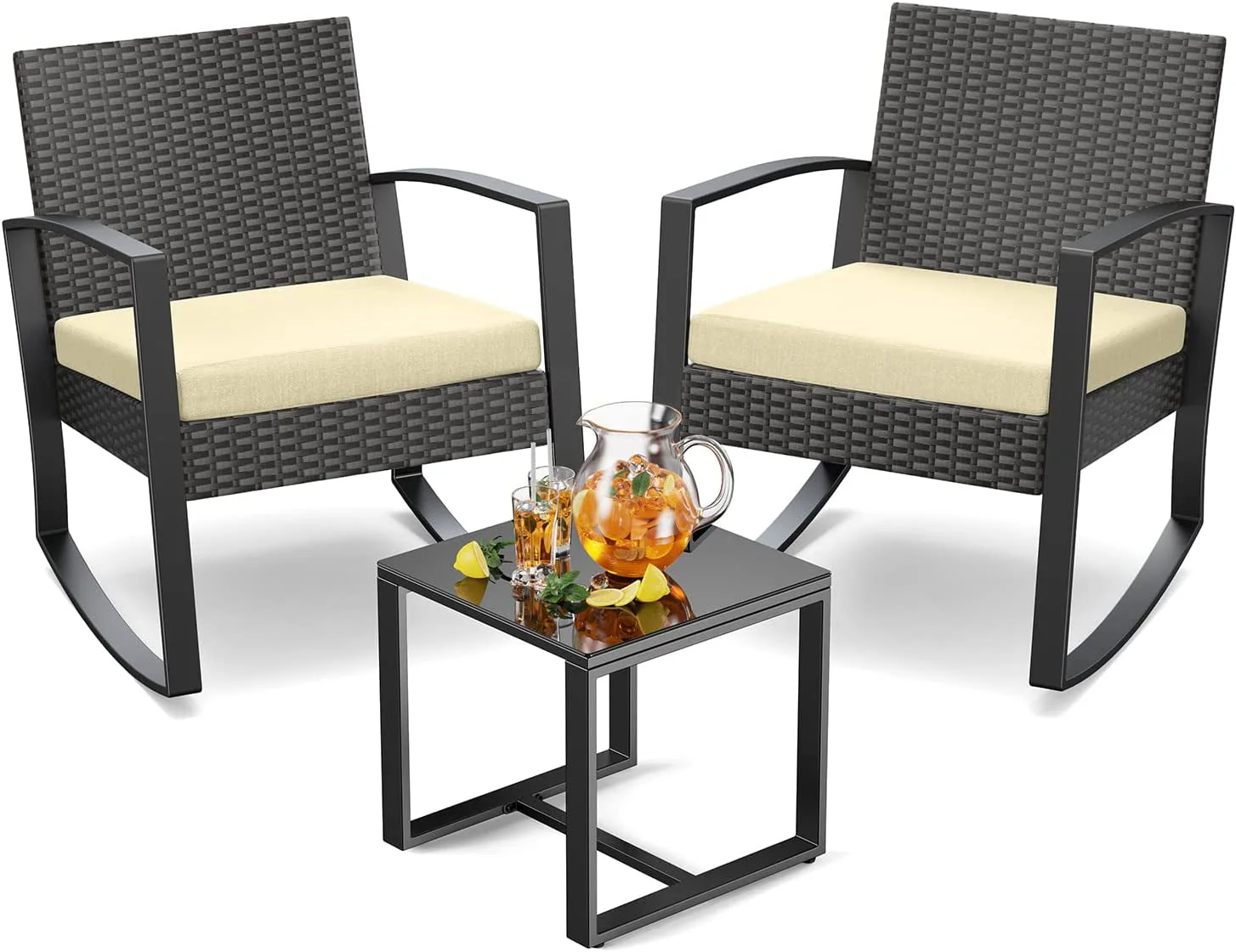 Lofka 3-Piece Patio Wicker Chairs Set with Glass Coffee Table, Outdoor Balcony Furniture Set with Blue Cushion - Womvr