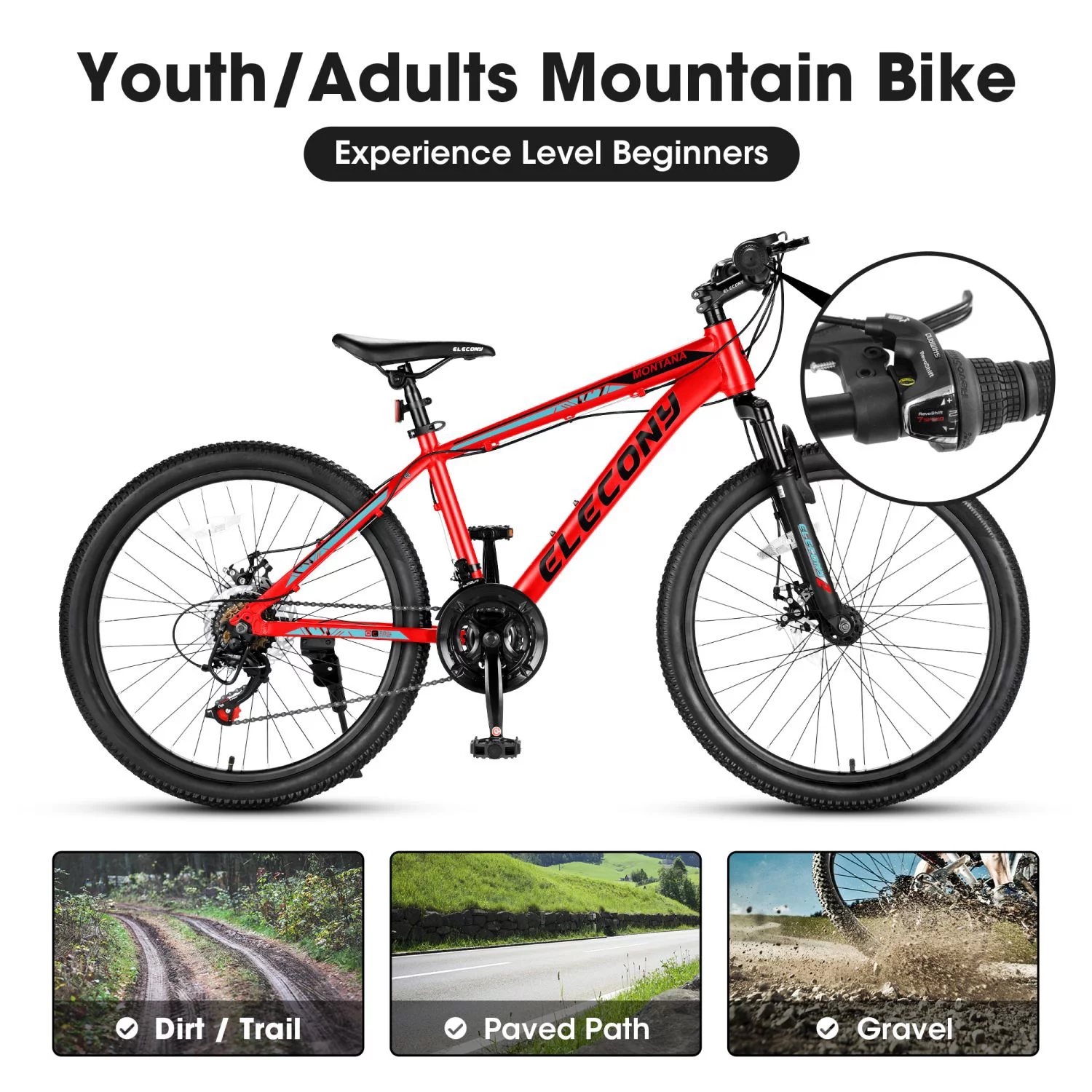 24 inch Mountain Bike, Shimano 21 Speed Drive, Dual Disc Brake, Front Suspension MTB For Boy Girl - Womvr