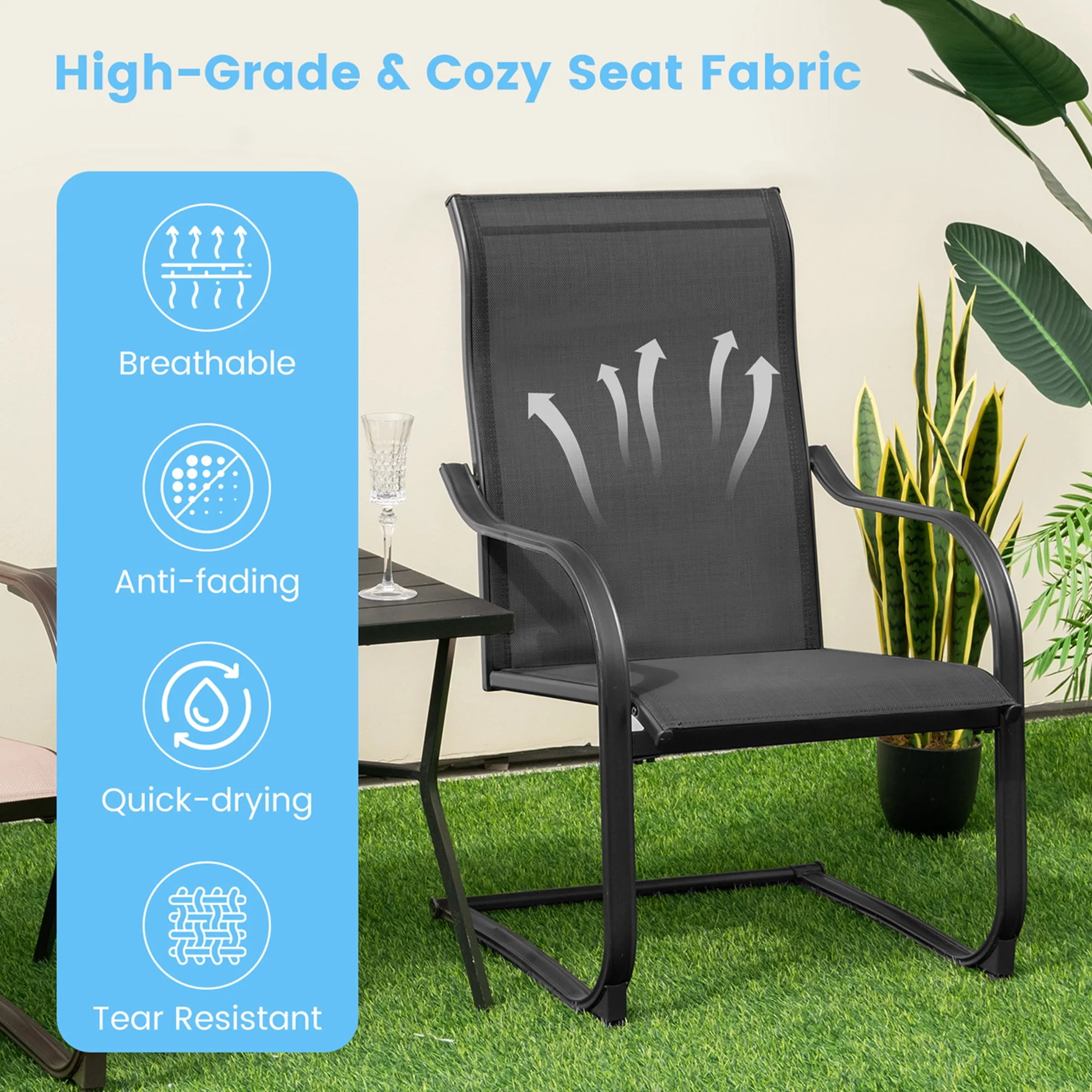 Costway 2pcs C-Spring Motion Patio Dining Chairs All Weather Heavy Duty Outdoor Black - Womvr