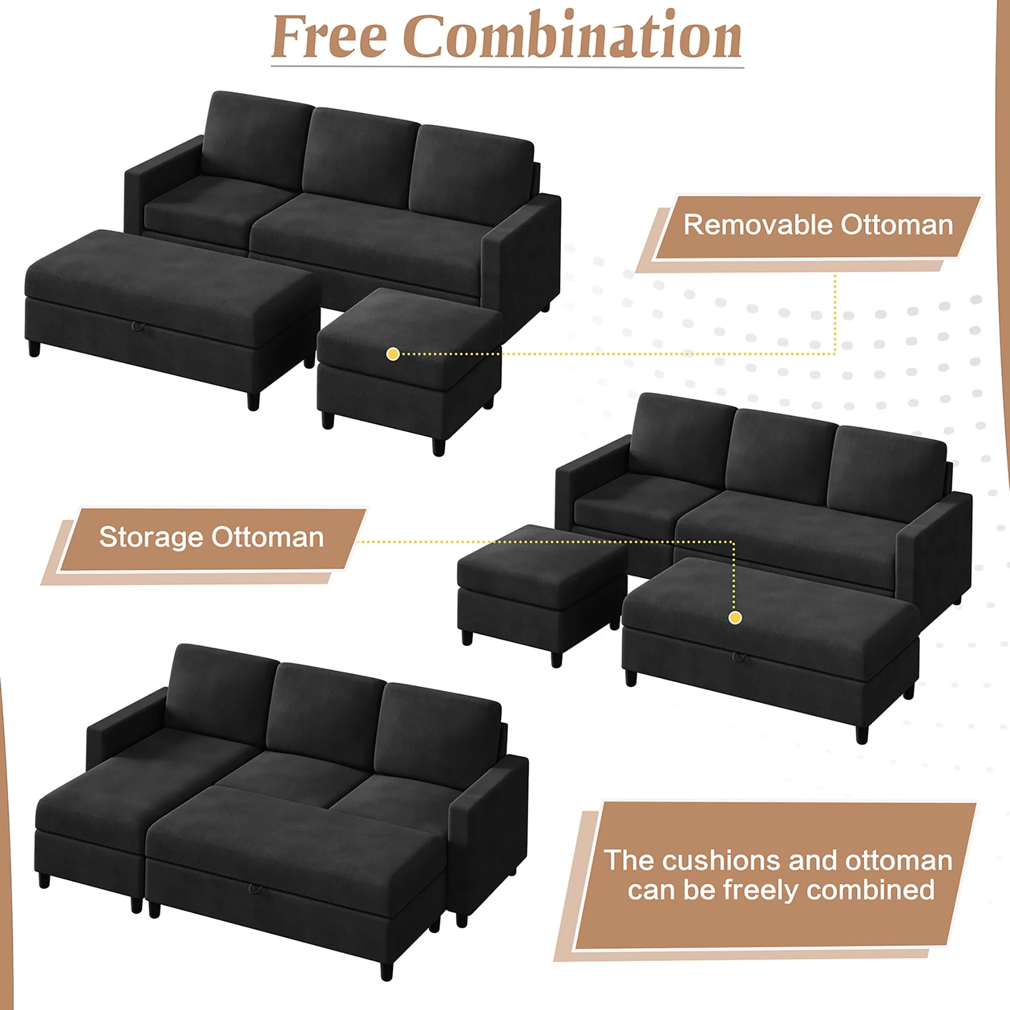Walsunny Convertible Sectional L-Shaped Sofa with Modern Linen Fabric(Grayish Black) - Womvr