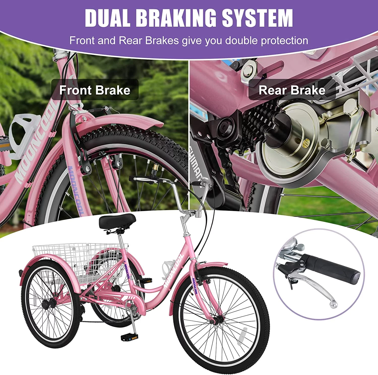 MOONCOOL Adult Tricycles with Rear Basket, 24 26 inch 7 Speed 3 Wheel Bikes, Three-Wheeled Bicycles Adult Trike with Backrest for Seniors, Women, Men - Womvr
