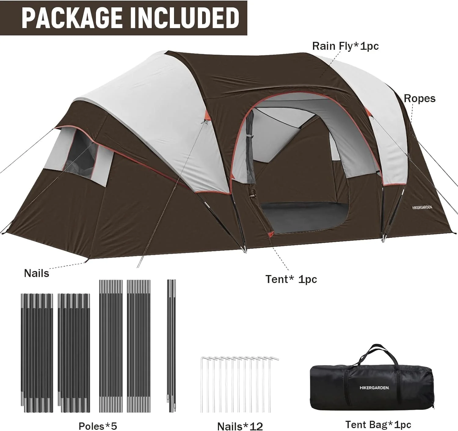 10 Person Camping Tent - Portable Easy Set Up Family Tent for Camp, Windproof Fabric Dome Tent Outdoor for Hiking, Backpacking, Traveling-14'x11'x74in(H) - Womvr