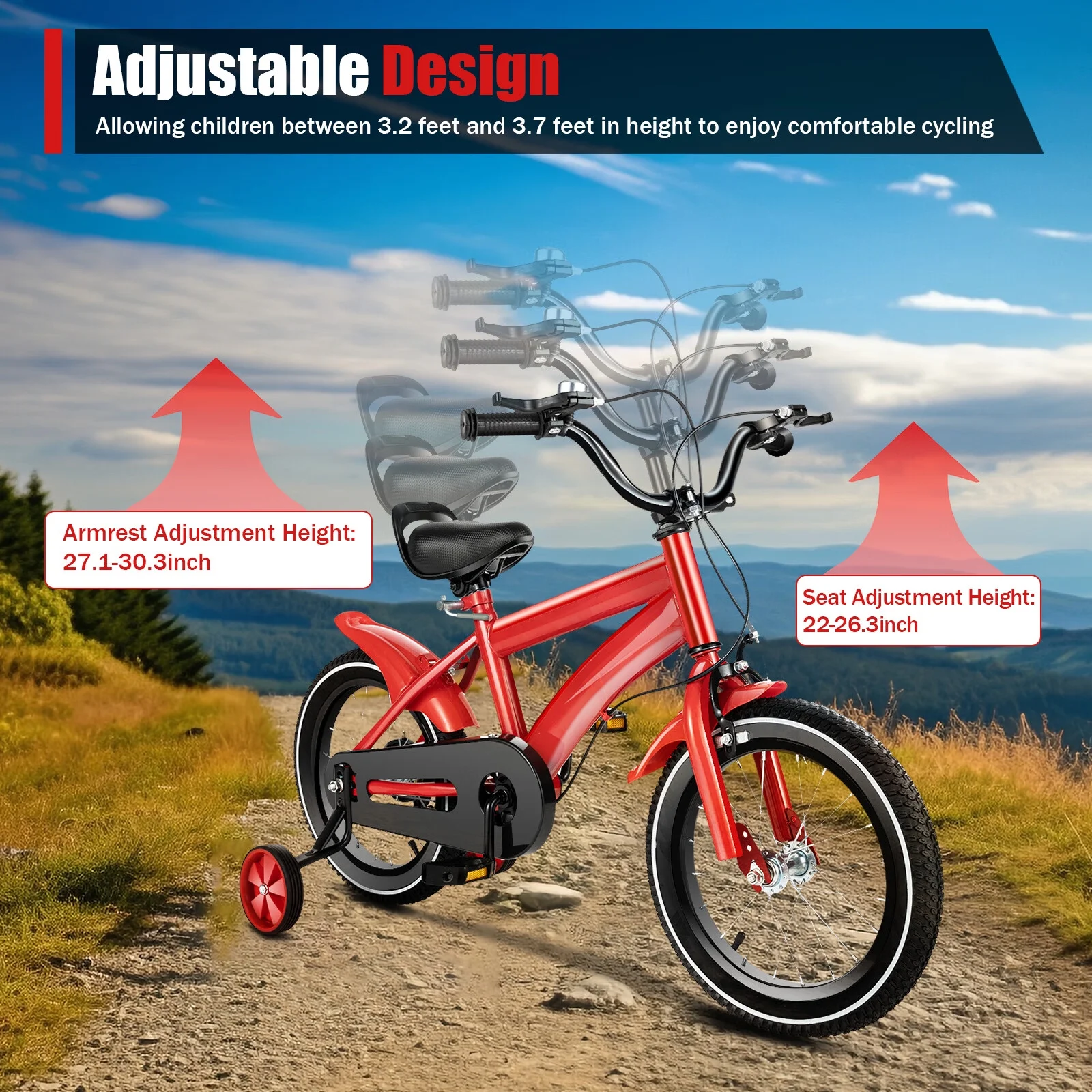 Aiqidi 14 Inch Kids Bike Boys Girls Safe Bicycle Adjustable Seat Height Children Bicycle with Training Wheels and Mudguards, Red - Womvr