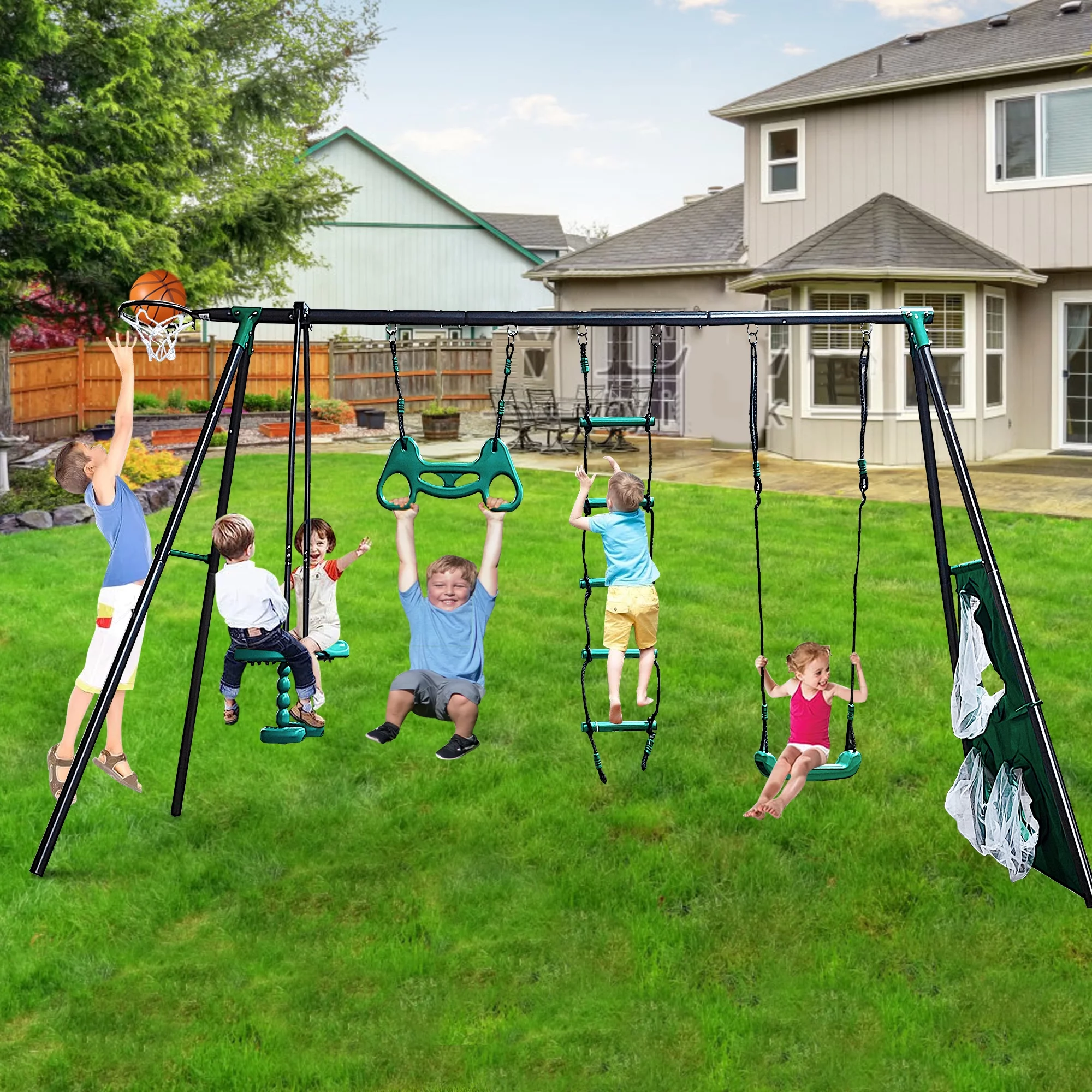 5 in 1 Metal Swing Set for Outside, Kids Backyard Swing Set with Swing Chair, Slide, Glider, Ground Nail, Outdoor Backyard Playground Swing Sets for 3-8 Year, Max Weight 700 lbs - Womvr