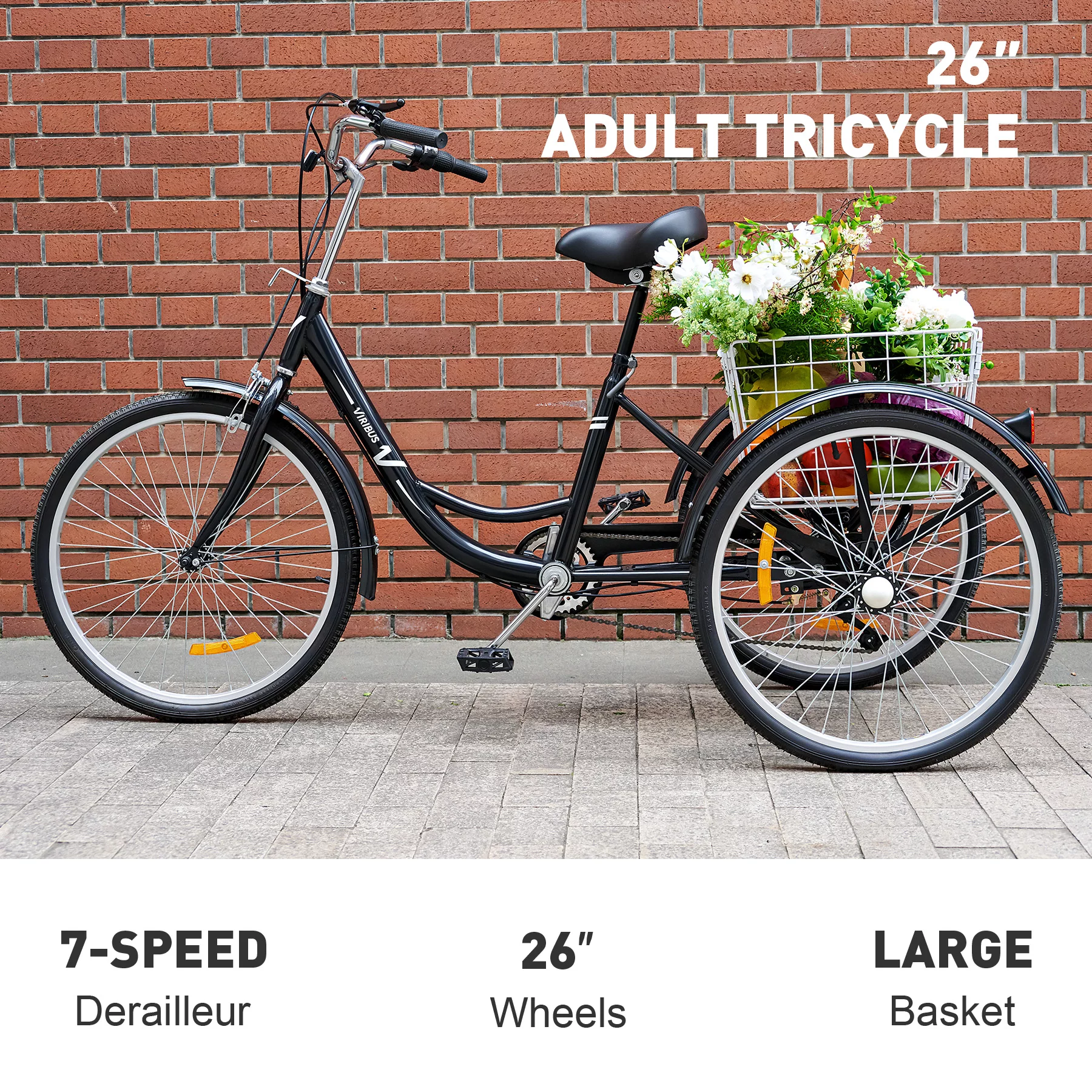 VIRIBUS 26 Inch Adult Tricycle 3 Wheel Bike with 7 Speeds & Basket for Men Women, Black - Womvr