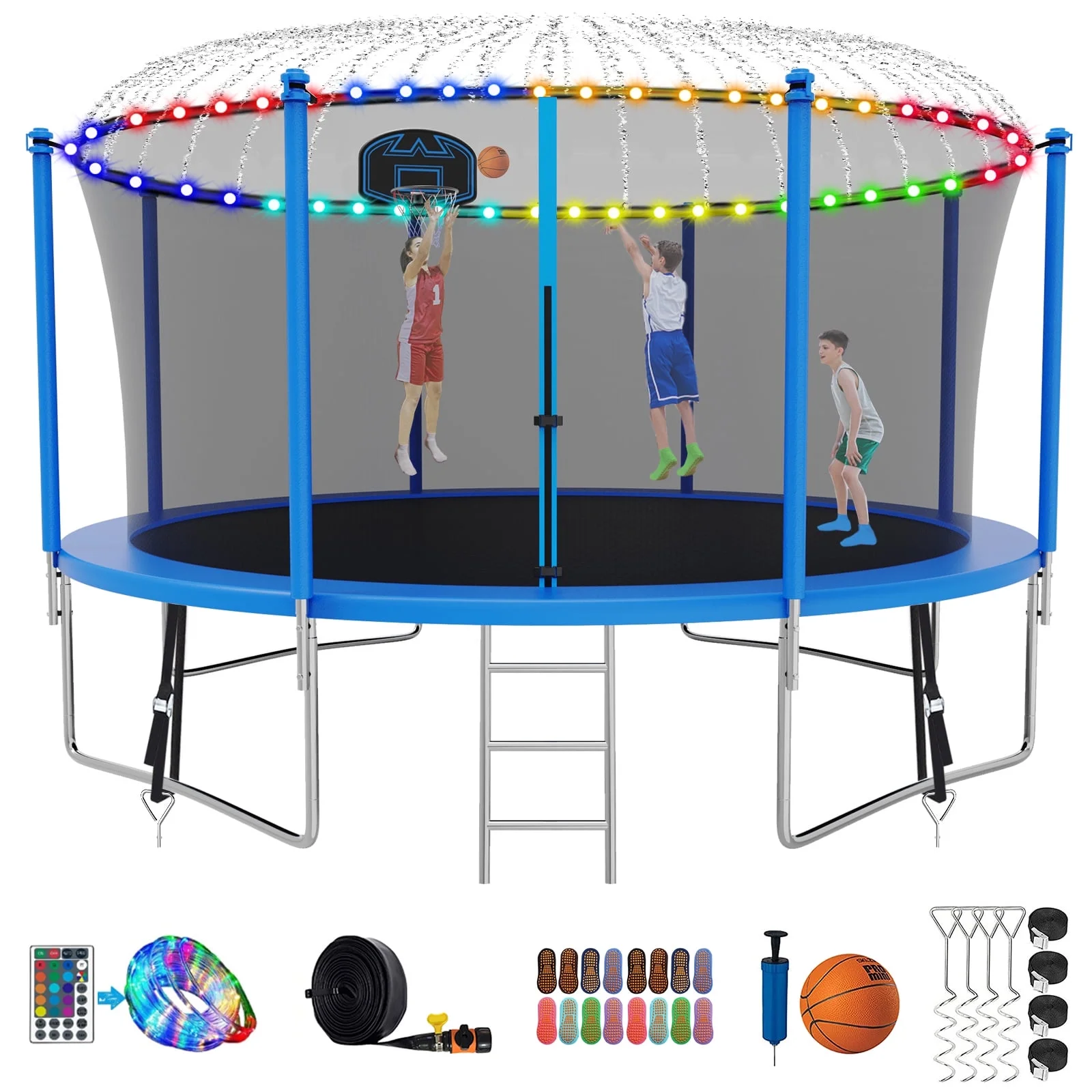 Kumix Trampoline with Enclosure, 1200LBS 12 14 15 16FT Trampoline for Kids Adults, Trampoline with Basketball Hoop, Lights, Sprinkler and Socks, Outdoor Heavy Duty Trampoline - Womvr