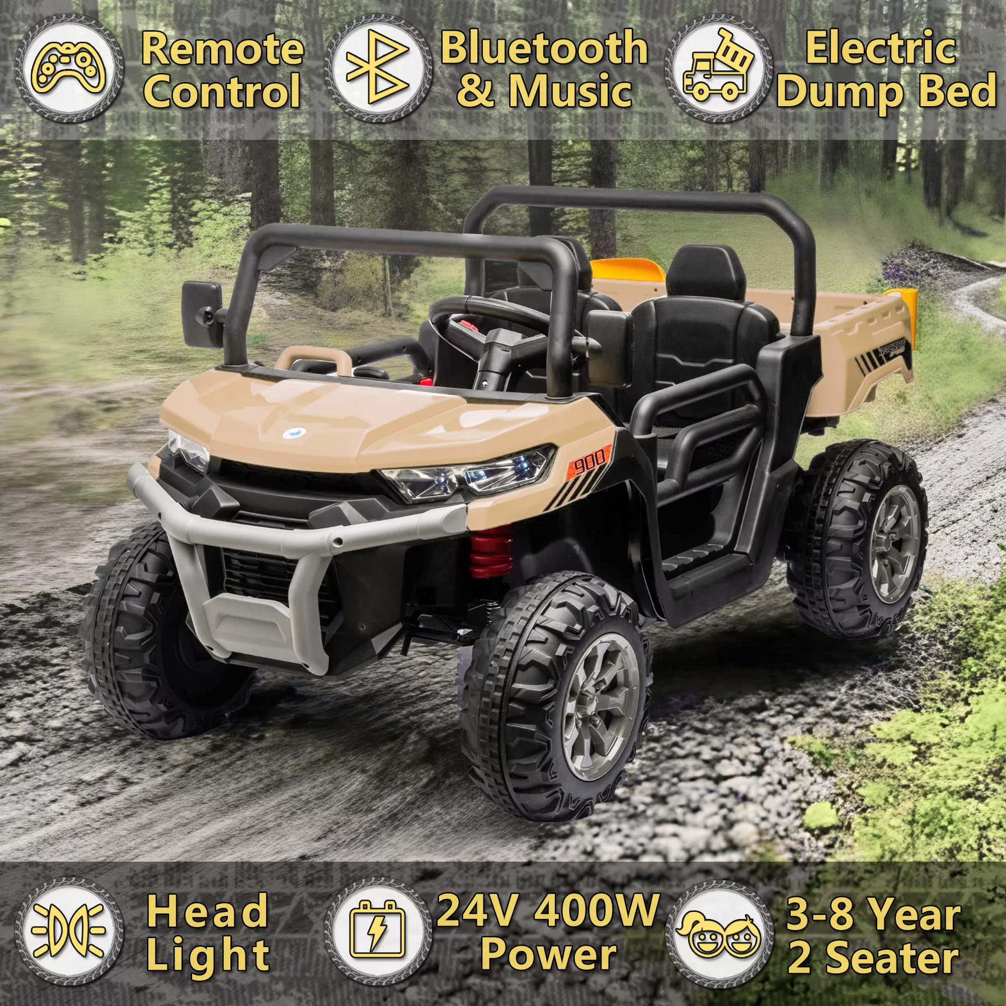 24V 2 Seater Ride on Toys, Ride On UTV with 2x200W Motor Ride On Dump Truck, Ride On Car with Dump Bed/Shovel, Electric Vehicle with Rubber Tires, LED Light, Music, Remote Control, Black - Womvr