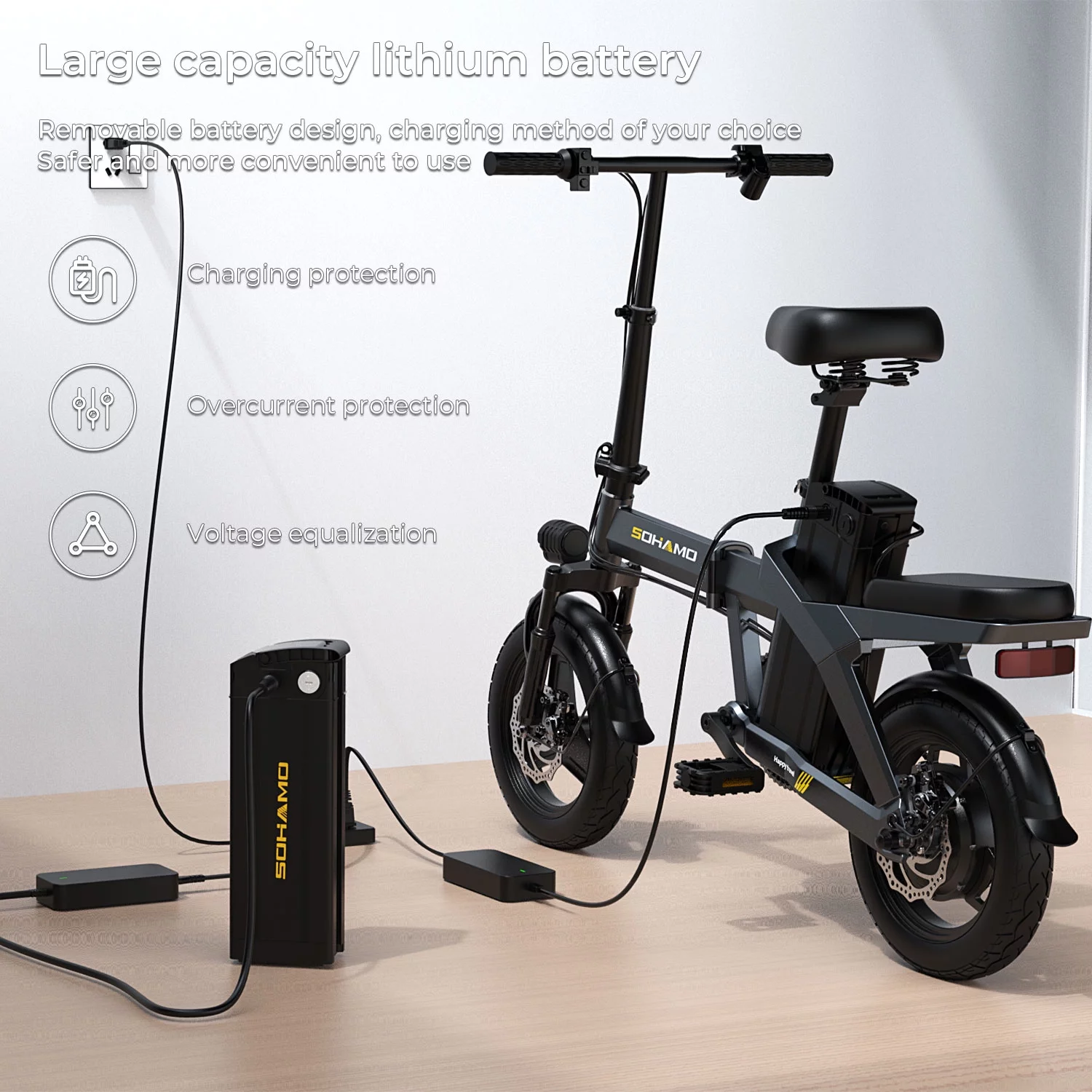 SOHAMO A3 Electric Bike for Adults and Teens, 400W Motor Folding Electric Bicycles, 48V 12Ah Removable Battery, Mini E-Bike, Full Suspension, 3 Working modes - Womvr