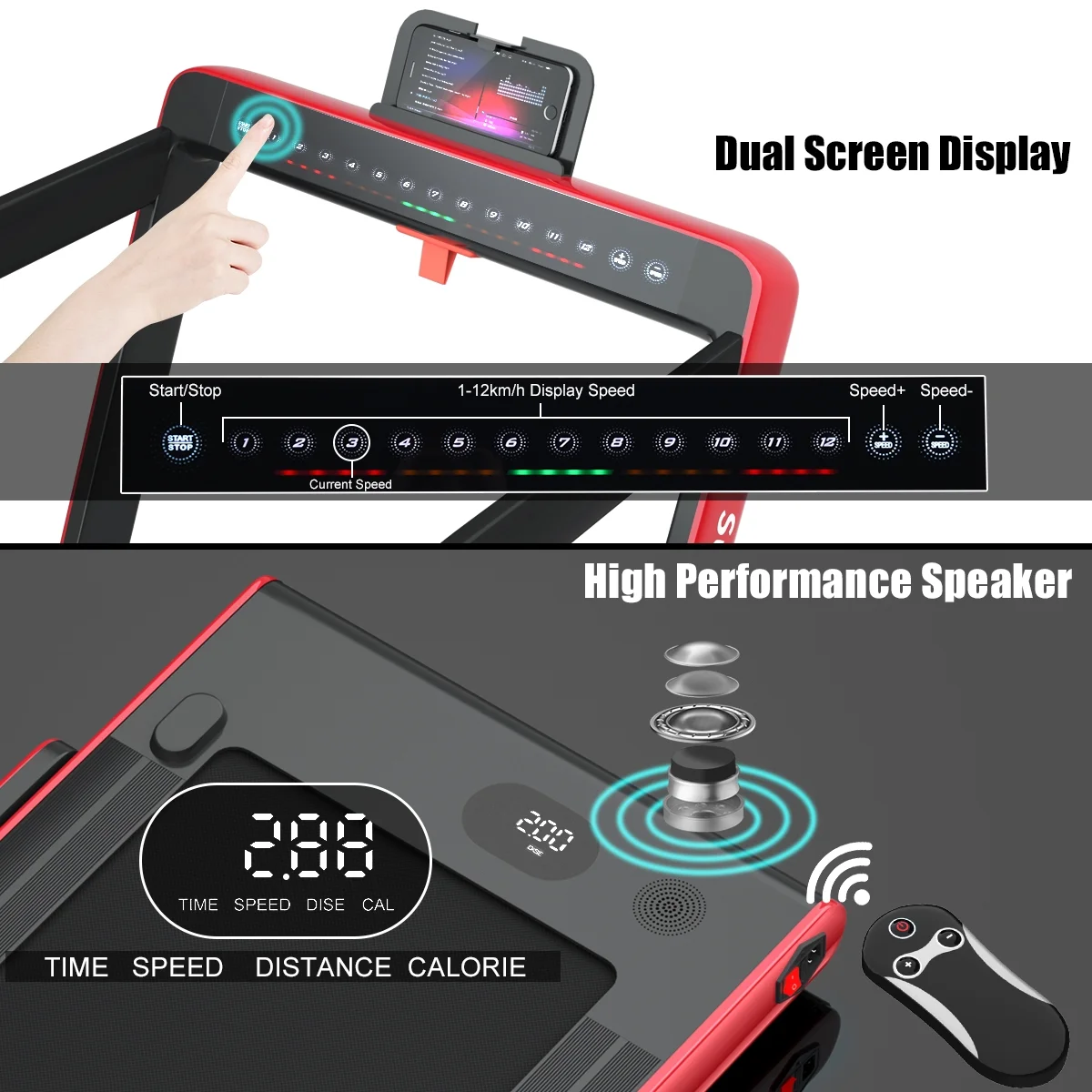 SuperFit Up To 7.5MPH 2.25HP 2 in 1 Dual Display Screen Folding Treadmill Jogging Machine W/APP Control Silver - Womvr