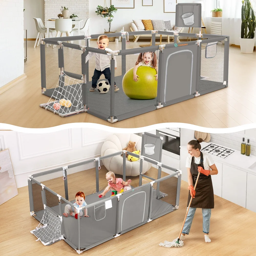 Baby Playpen,71x48inch Large Play Yard for Babies Toddlers, Sturdy Safety Baby Play Area, Gray - Womvr