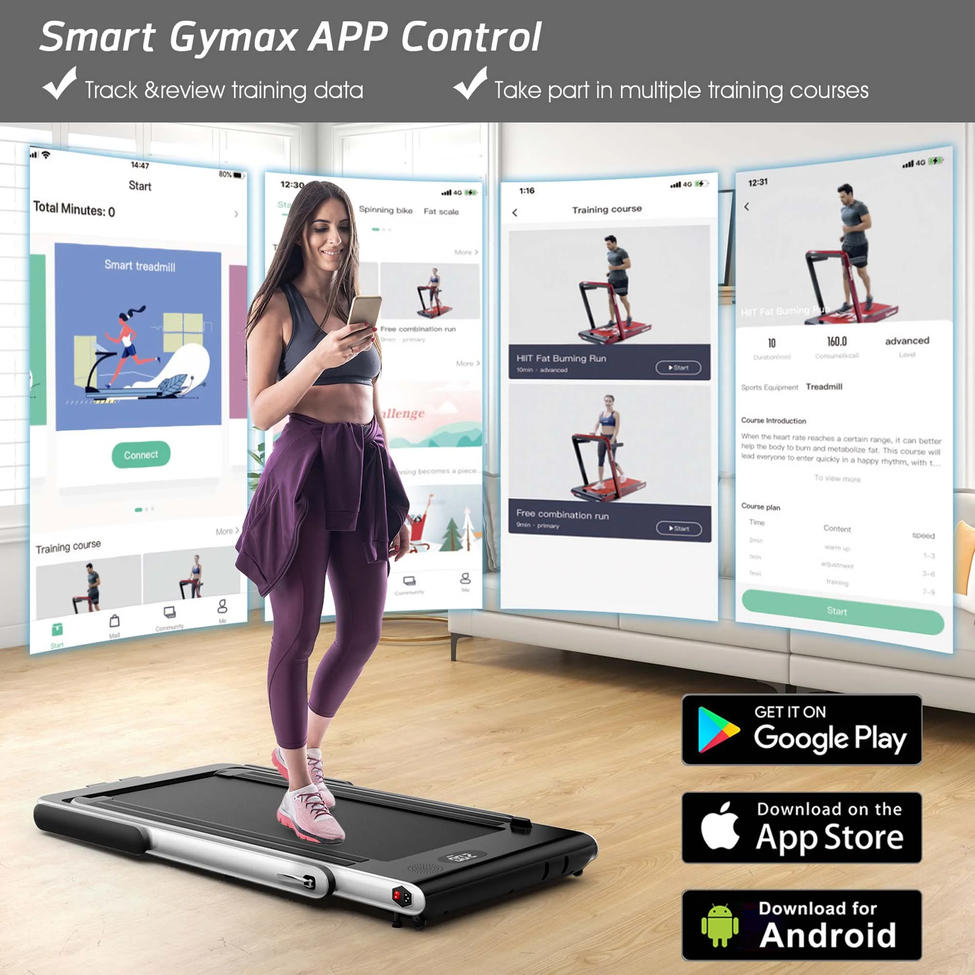 SuperFit Up To 7.5MPH 2.25HP 2 in 1 Dual Display Screen Folding Treadmill Jogging Machine W/APP Control Silver - Womvr