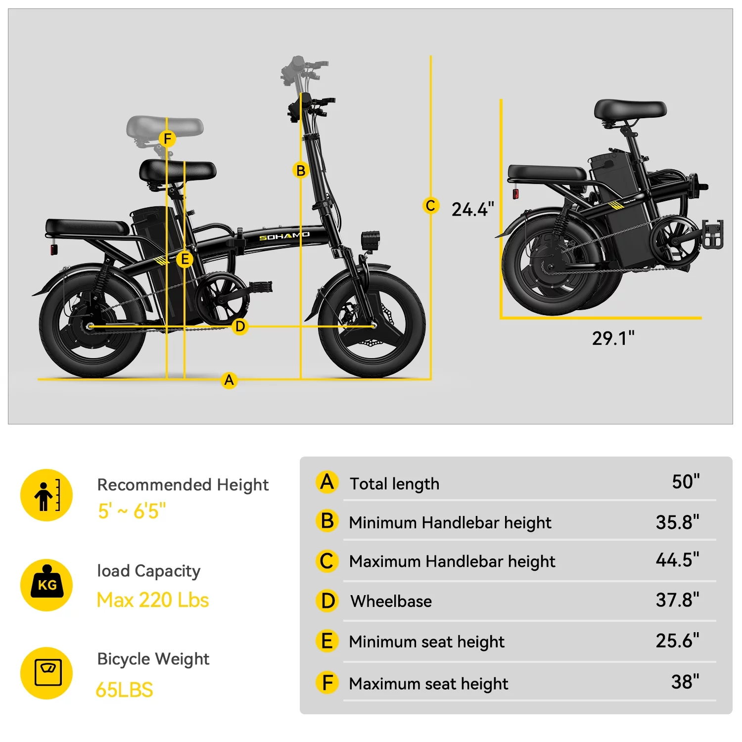 SOHAMO Electric Bike w/400W Motor and 48V 13Ah Removable Battery Folding Ebike for Adults and Teens, Full Suspension, 3 Levels Assist, 14