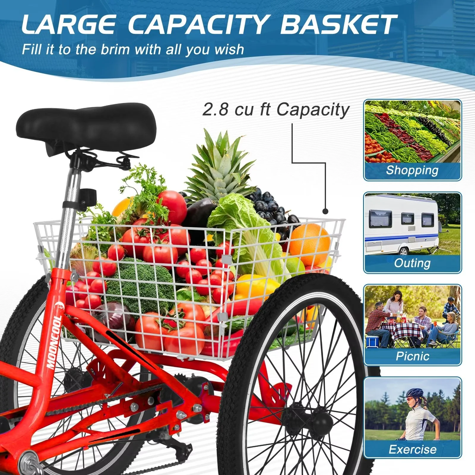 MOPHOTO 20/24/26 inch Adult Tricycle Folding 3 Wheel Cruiser Bikes 7 Speed, Portable and Foldable Trikes with Cargo Basket for Men & Women Outdoor Cycling, Purple - Womvr