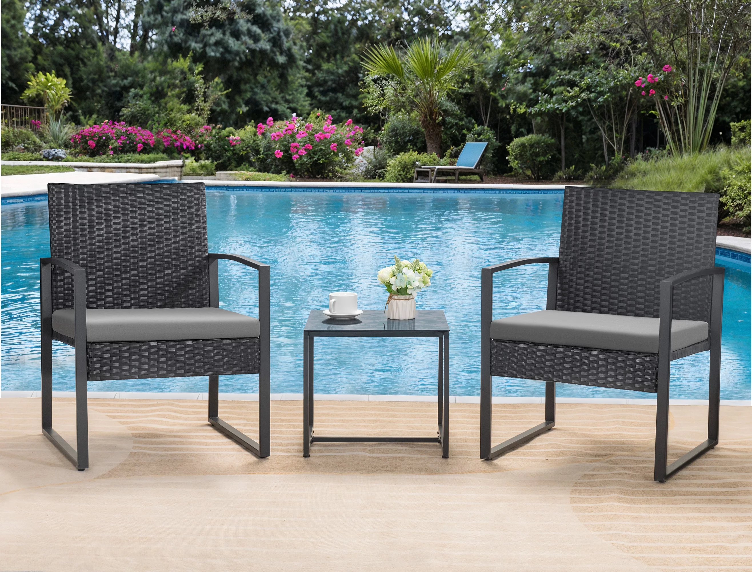 Homall Patio Furniture 3-Piece Set Casual Wicker Chair Bistro Chair with Coffee Table, Black - Womvr