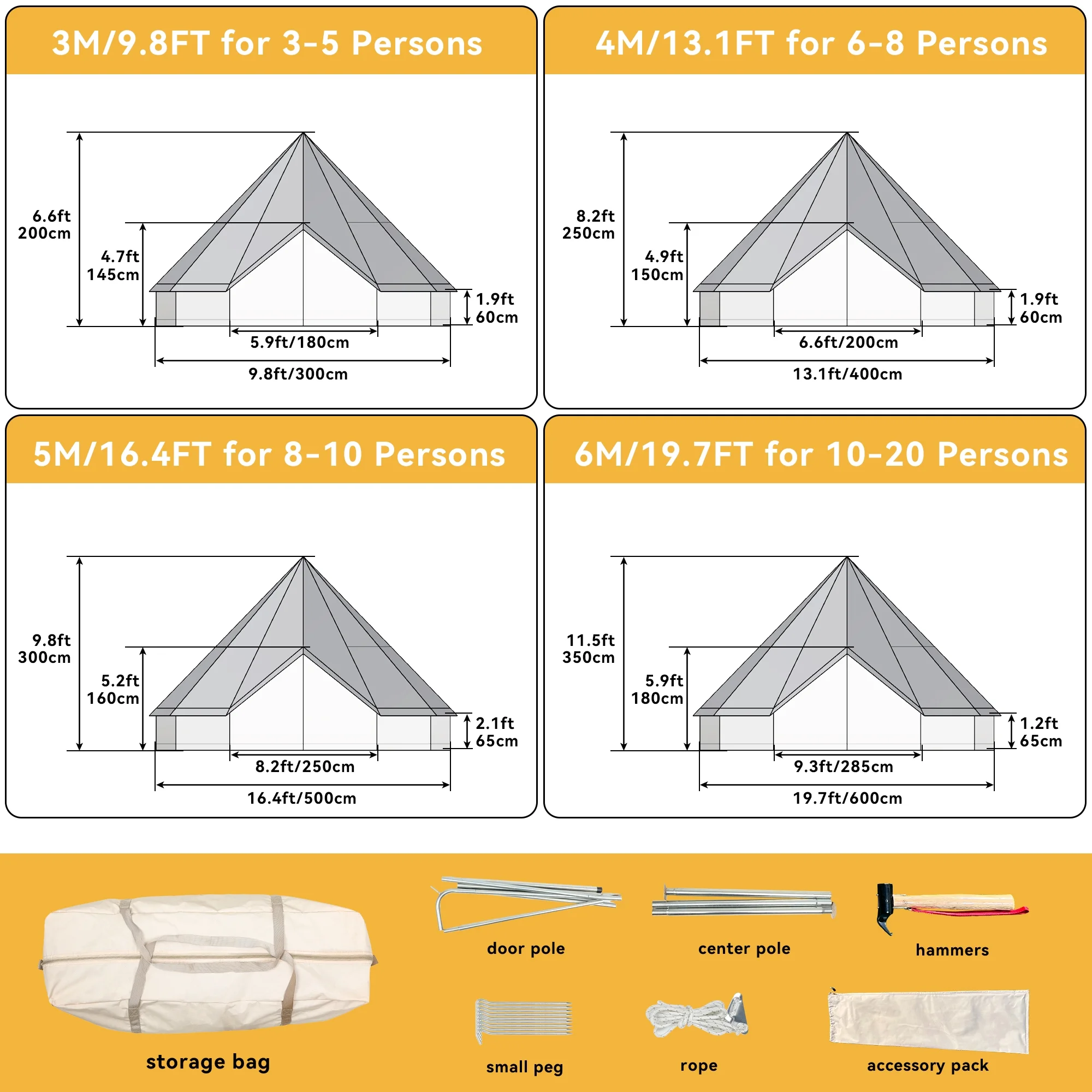 Dextrus Camping Tent 4 Seasons Glamping Bell Tent Waterproof with Stove Jacks & 4 Breathable Windows Cotton for Outdoor Family Party, Camping, Picnic, Barbecue - Womvr