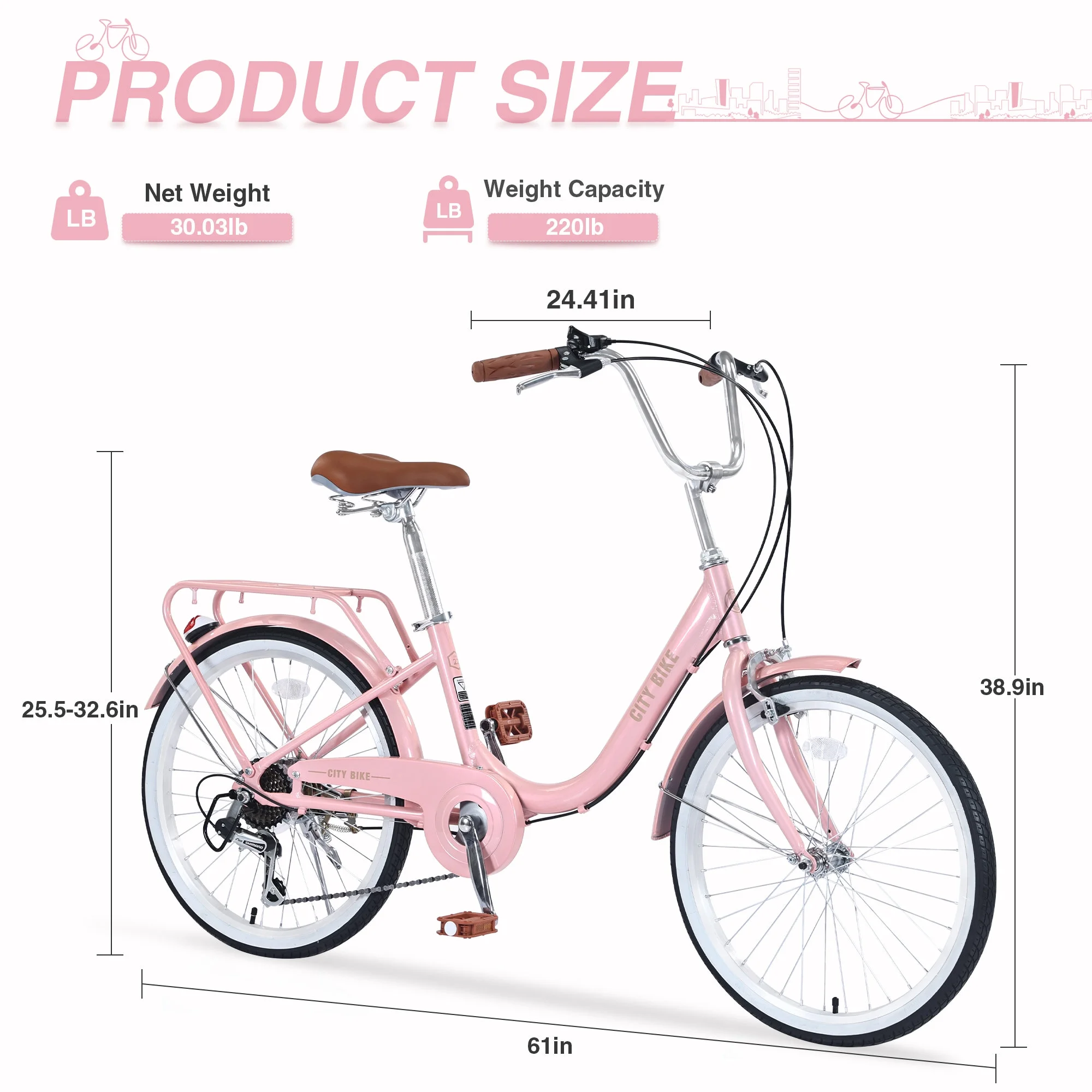Girls Cruiser Bike for Kids 8+ Years Old, City Bike with 22 inch Shimano, 7 speed, Leather Saddle, Front&Rear Caliper Brake, Commuter Bicycle Pink - Womvr
