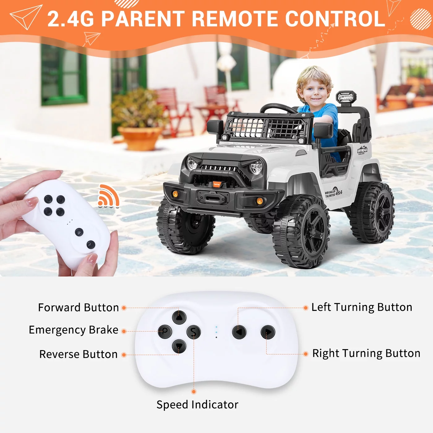 FUNTOK Kids 12V Electric Ride on Toy Car with Remote Control, Spring Suspension, DIY Stickers and Music Player - Womvr