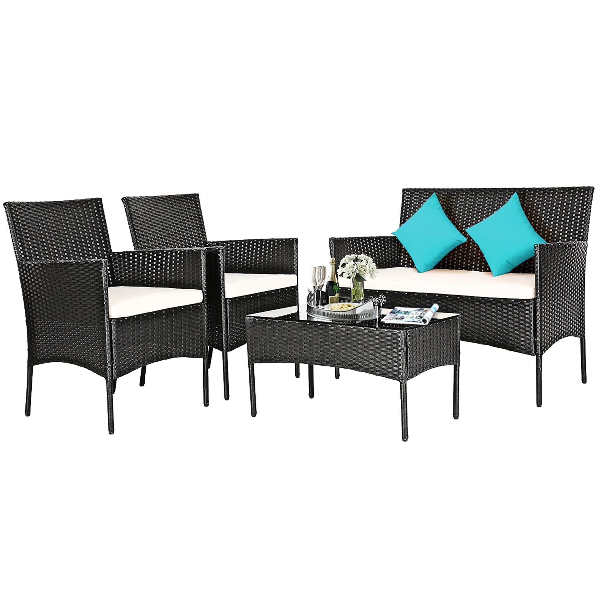 Costway 4PCS Patio Furniture Set Rattan Wicker Conversation Set Outdoor - Womvr
