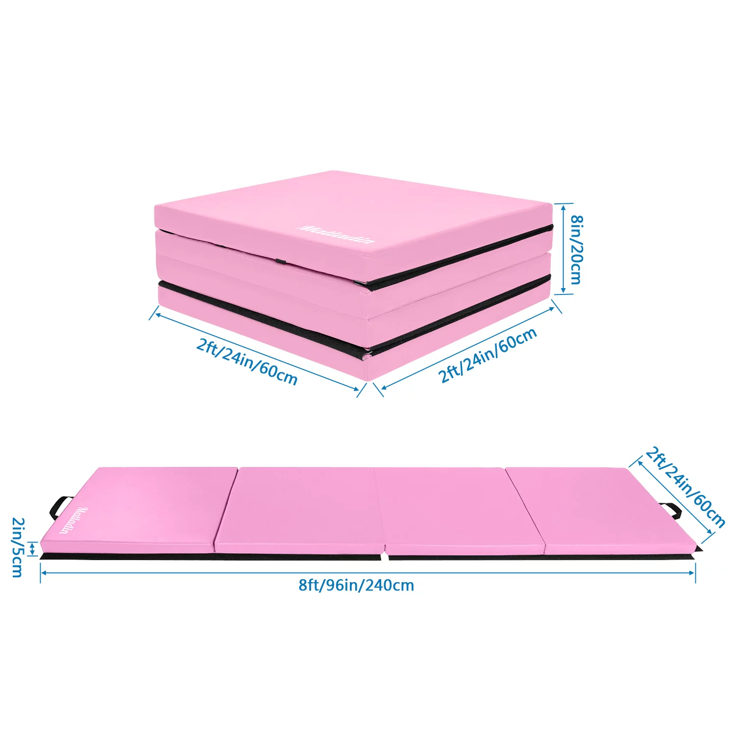 Matladin 8' Folding Gymnastics Gym Exercise Aerobics Mat, 8ft x 2ft x 2in PU Leather Tumbling Mats (Pink) - Womvr