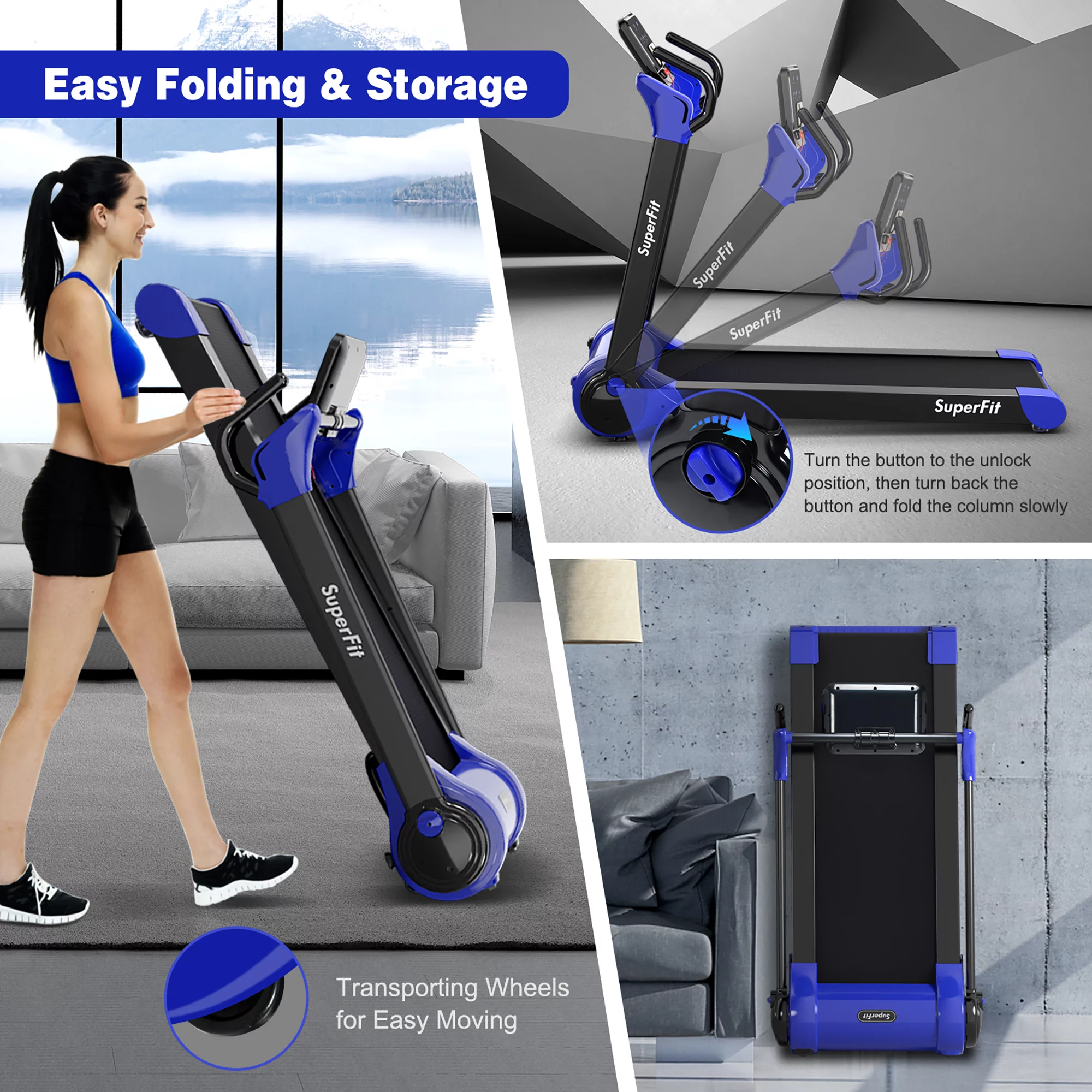 Superfit Folding 2.25HP Electric Treadmill Running Machine APP Control Bluetooth Black - Womvr