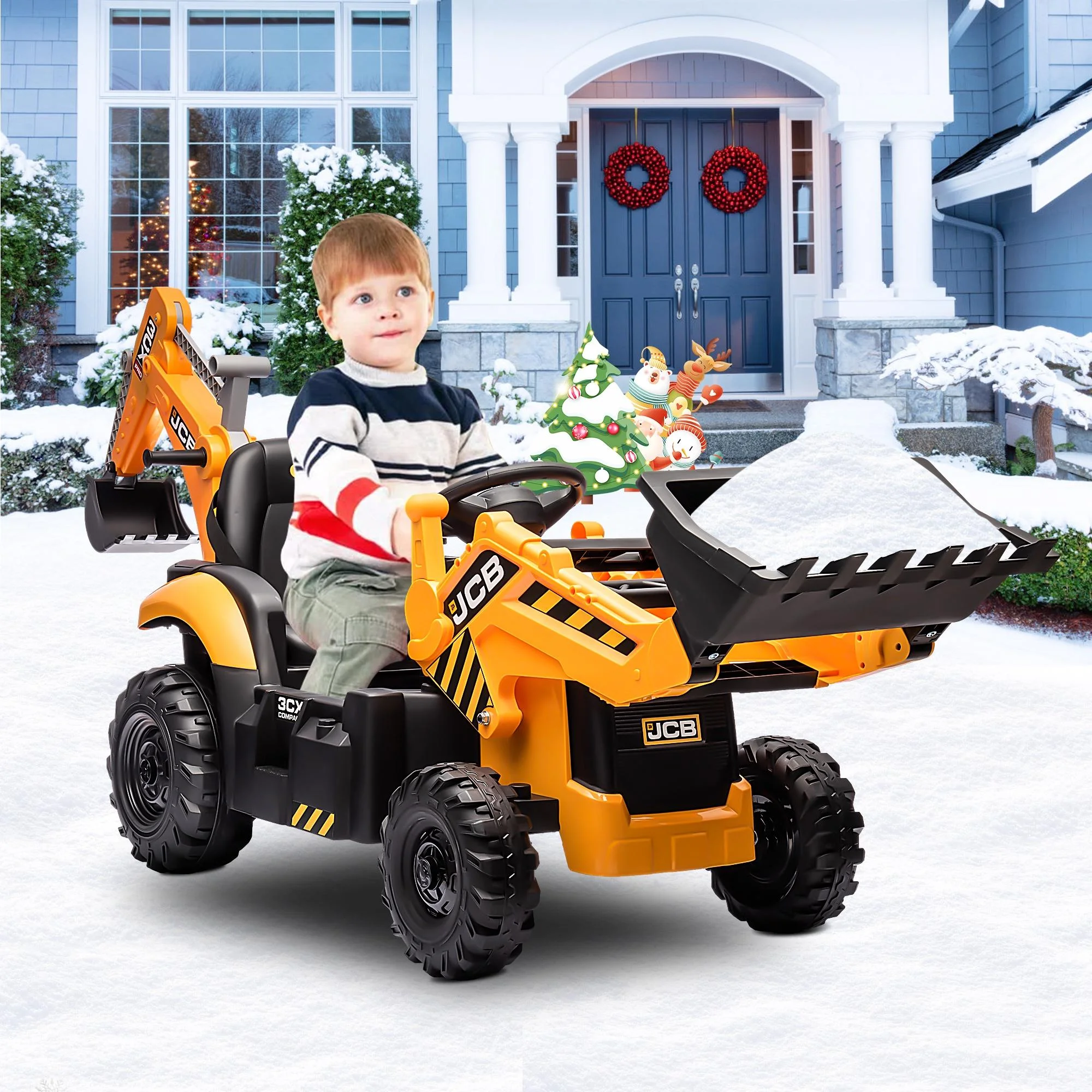 JCB 24V Ride on Excavator with Front&Back Loader 3in1 Kids Ride on Car with Remote Control Electric Construction for 3-6 Years Old Boys and Girls, Backhoe Ride on, Yellow - Womvr