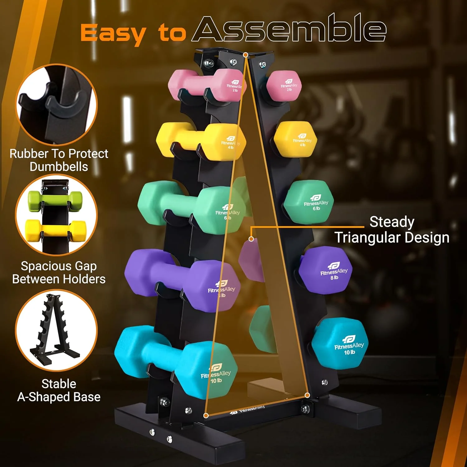 Fitness Alley Neoprene Workout Dumbbells - Non Slip, Anti Roll Exercise & Fitness Dumbbells Combo - Hex Shaped Hand weights for Men & Women(2, 4, 6, 8, & 10lb Dumbbells) - Womvr