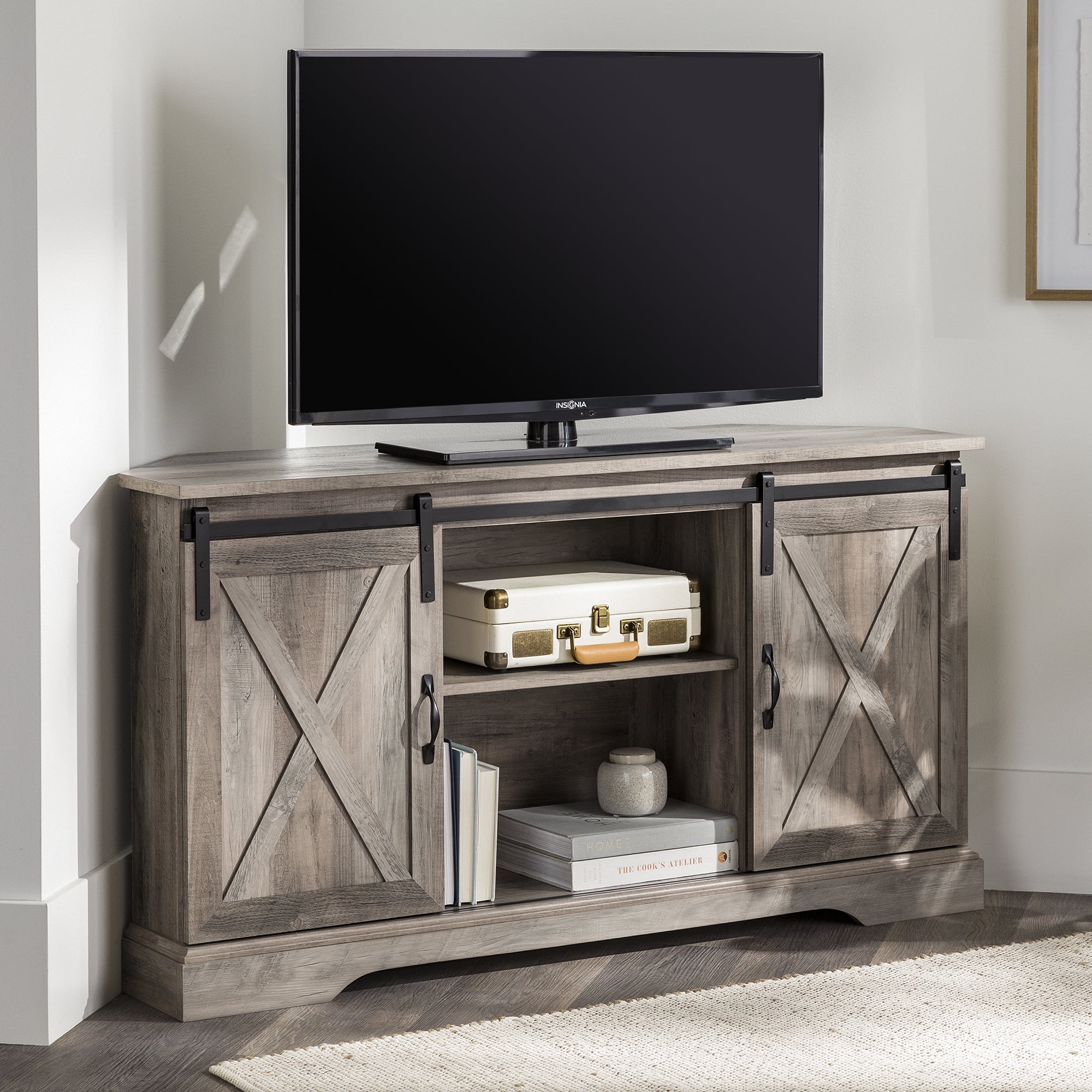 Walker Edison Modern Farmhouse Sliding Door Corner TV Stand, White Oak - Womvr