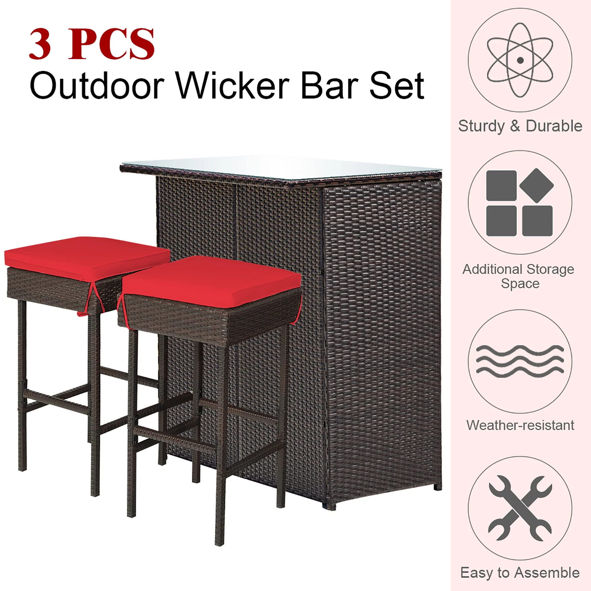 Costway 3PCS Patio Rattan Wicker Bar Table Stools Dining Set Cushioned Chairs Garden - Womvr