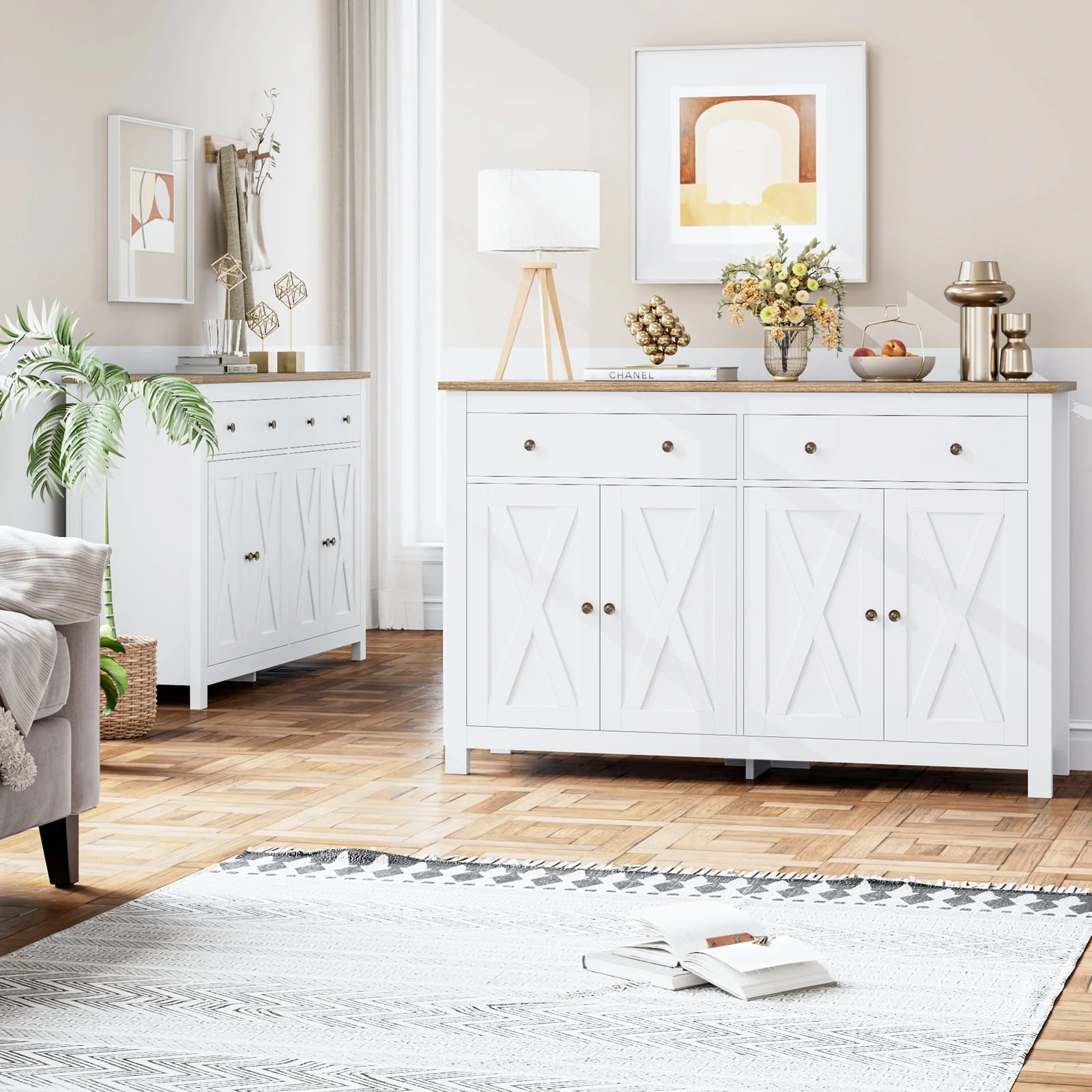 Homfa 4-Doors 2-Drawers Farmhouse Storage Cabinet, Wood Sideboard with Adjustable Shelves for Kitchen Dining Room, White - Womvr