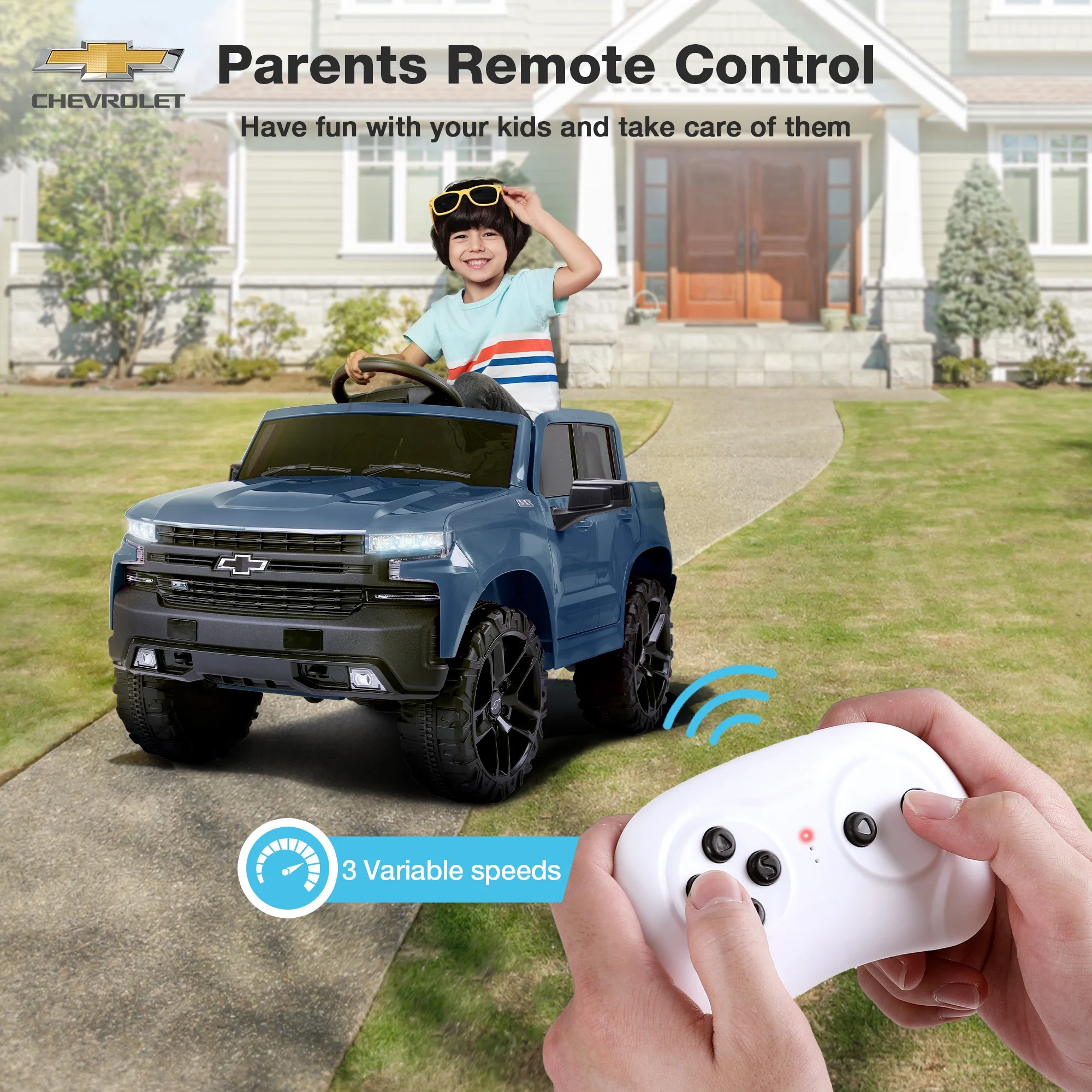 FUNTOK Licensed Chevrolet Silverado 12V Kids Electric Powered Ride on Toy Car with Remote Control & Music Player, Black - Womvr