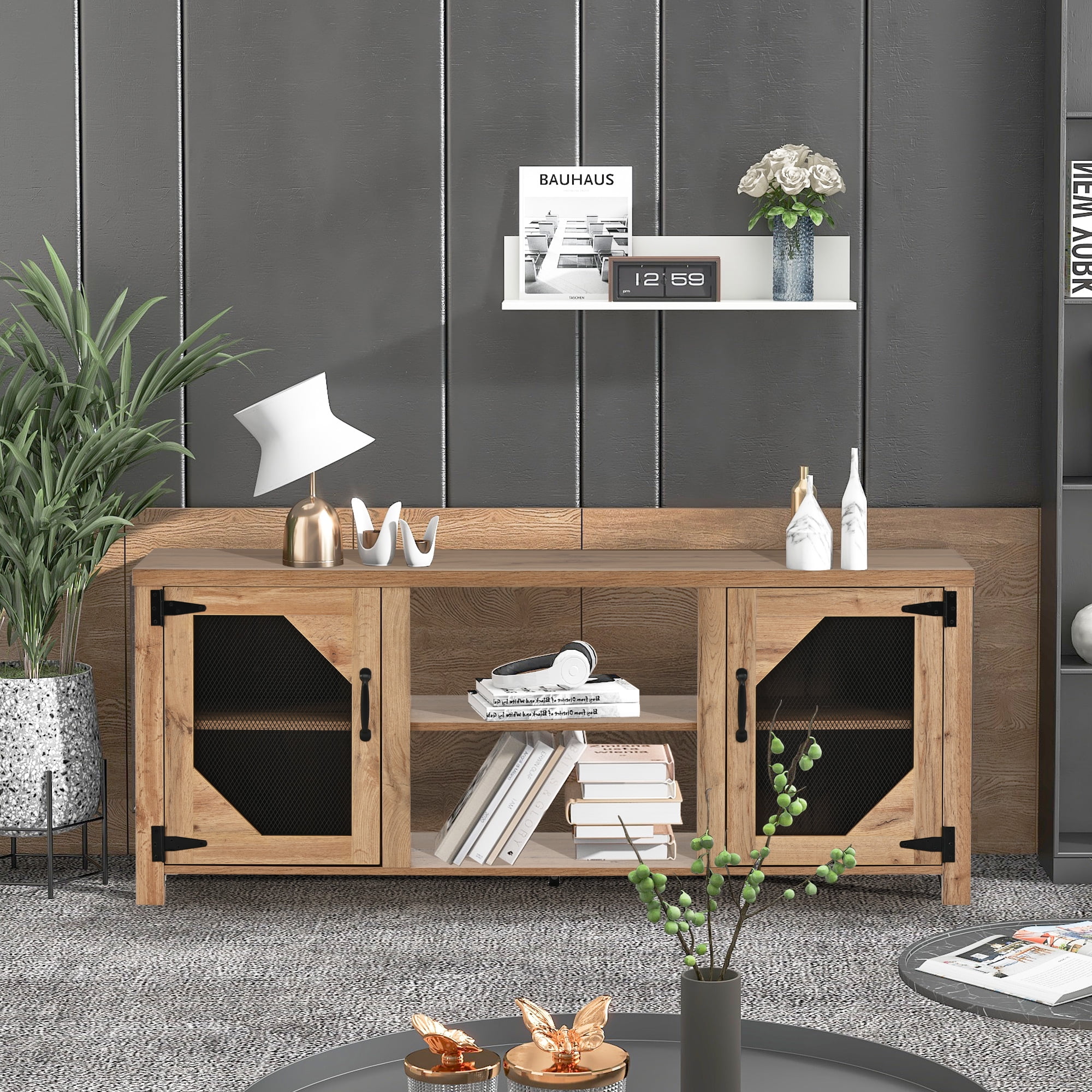 SYNGAR TV Stand for 65 inch TV, Modern TV Console Table Stand with 2 Door Cabinet, Living Room TV Table Stand Buffet Cabinet with Adjustable Storage Shelves, 60