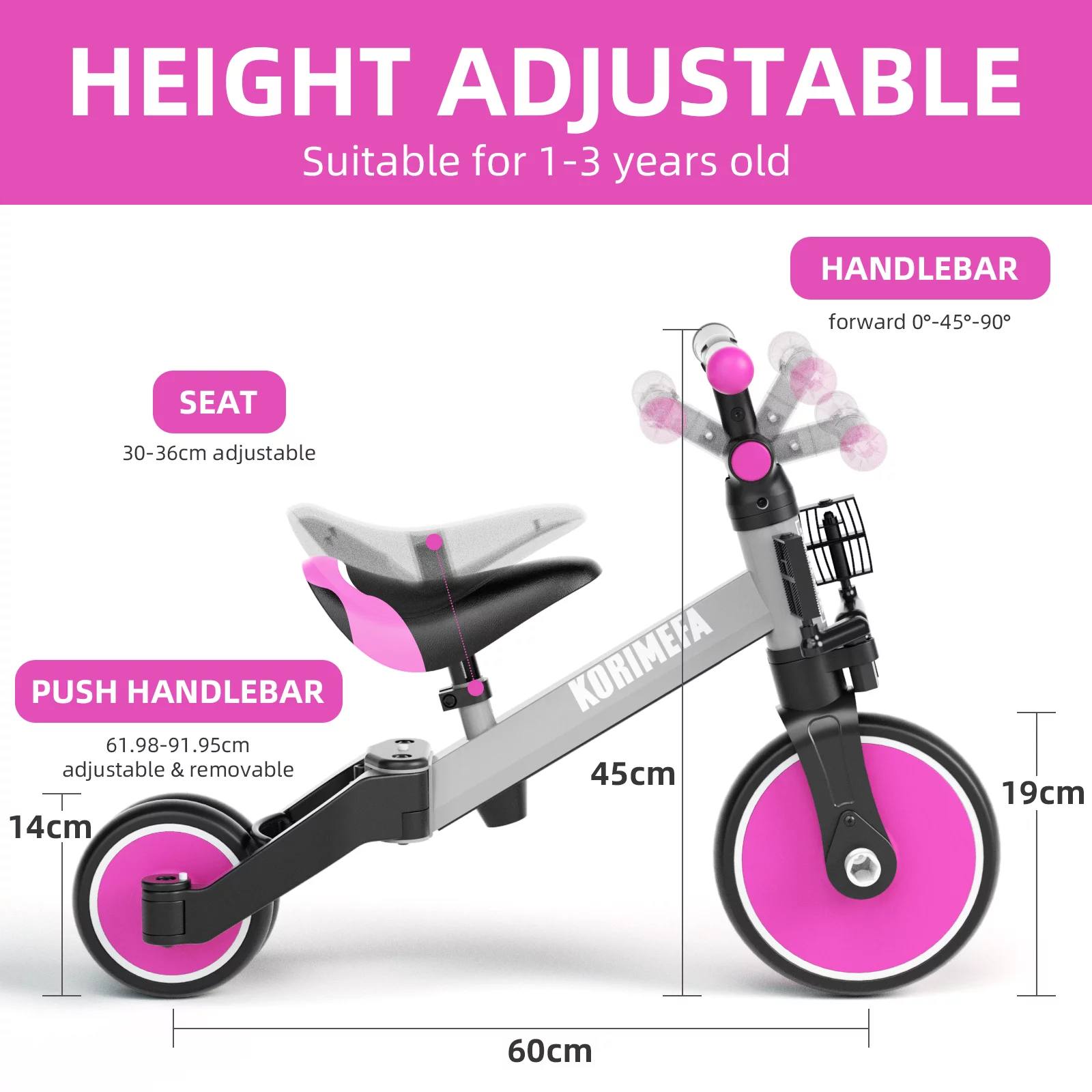 KORIMEFA Toddler Bike with Push Handle, Toddler Tricycle for Age 1 to 3 Years Old Boy Girl, Baby Bike Balance Bike - Womvr
