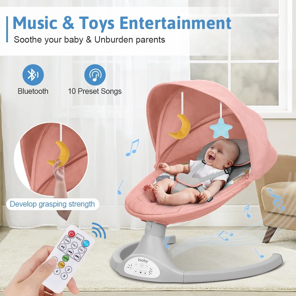 Electric Baby Swing, Bioby Infant Swing Chair Rocker with Remote Control, 5 Swing Speeds, Seat Belt, Bluetooth Music, Grey - Womvr