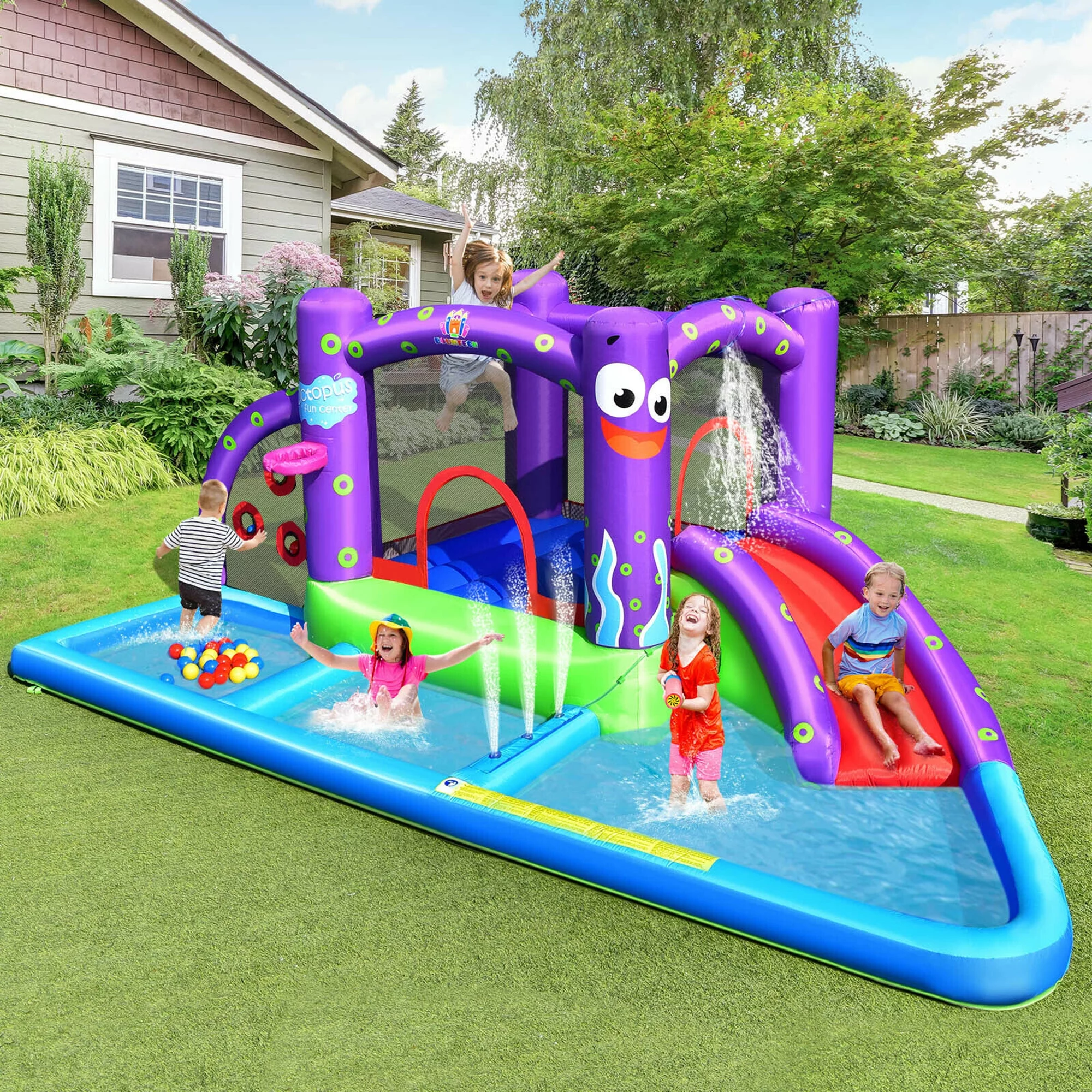 Gymax Inflatable Water Slide Castle Kids Bounce House w/ Octopus Style Blower Excluded - Womvr
