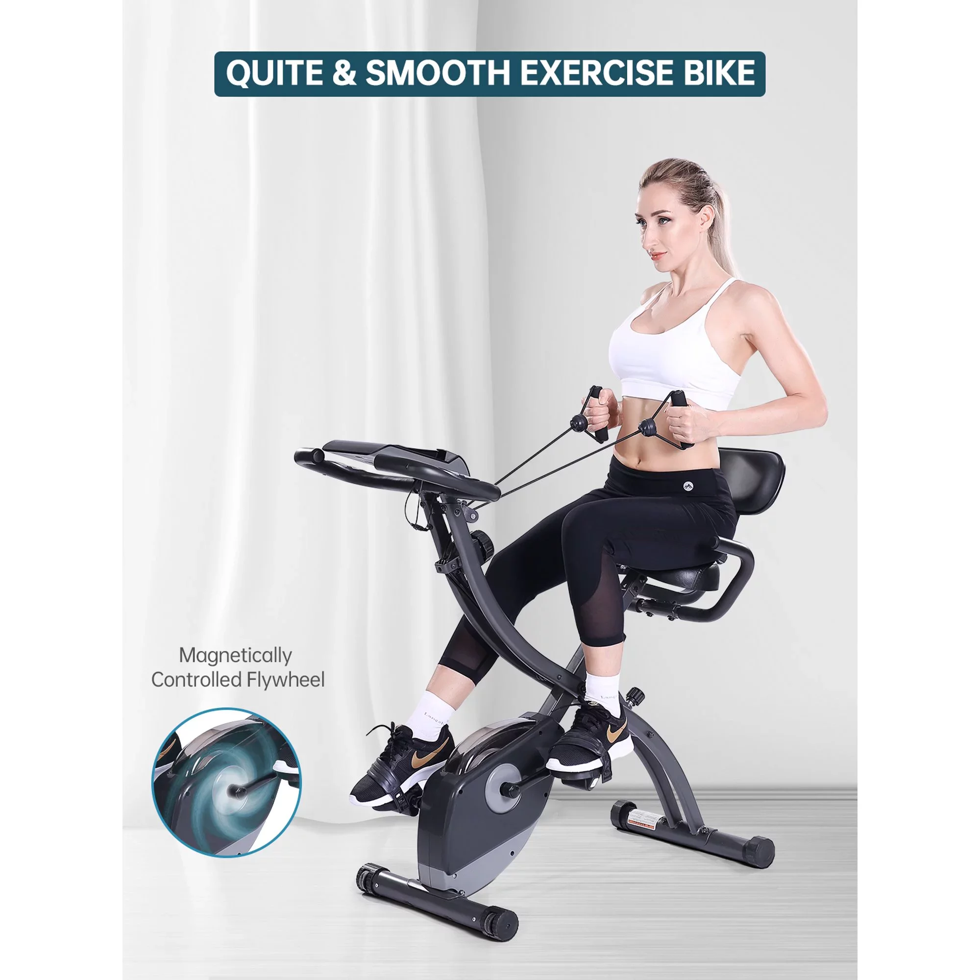 MaxKare 3-in-1 Exercise Bike Quiet Folding Magnetic Stationary Exercise Bikes with Arm Resistance Bands Home Workout Use - Womvr