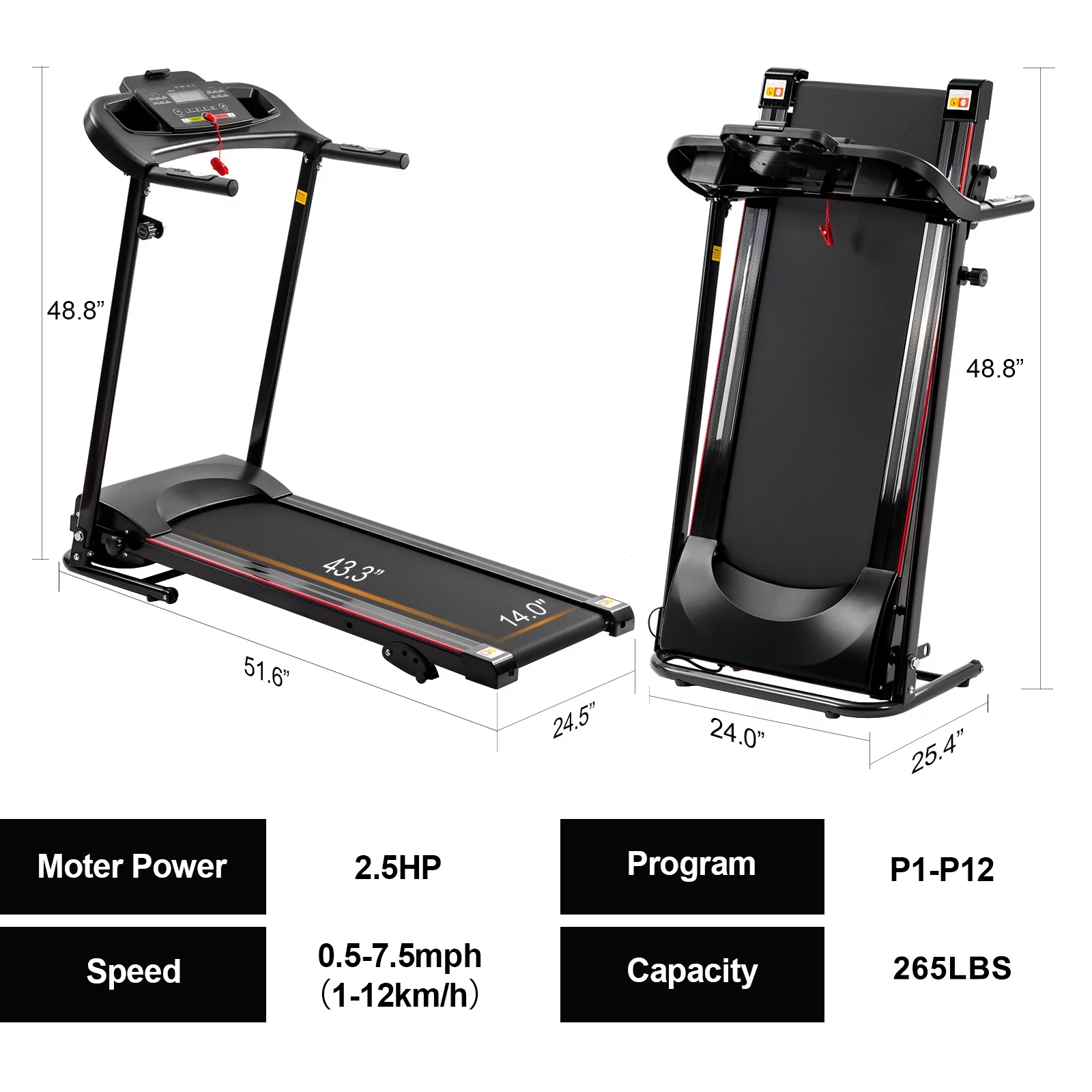 2.5HP Folding Treadmill with Incline, Electric Treadmill with Bluetooth, Speakers, LCD Display, 0.5-8.5 MPH Electric Running Machine, Home Office Gym Portable Treadmill, TE693 - Womvr
