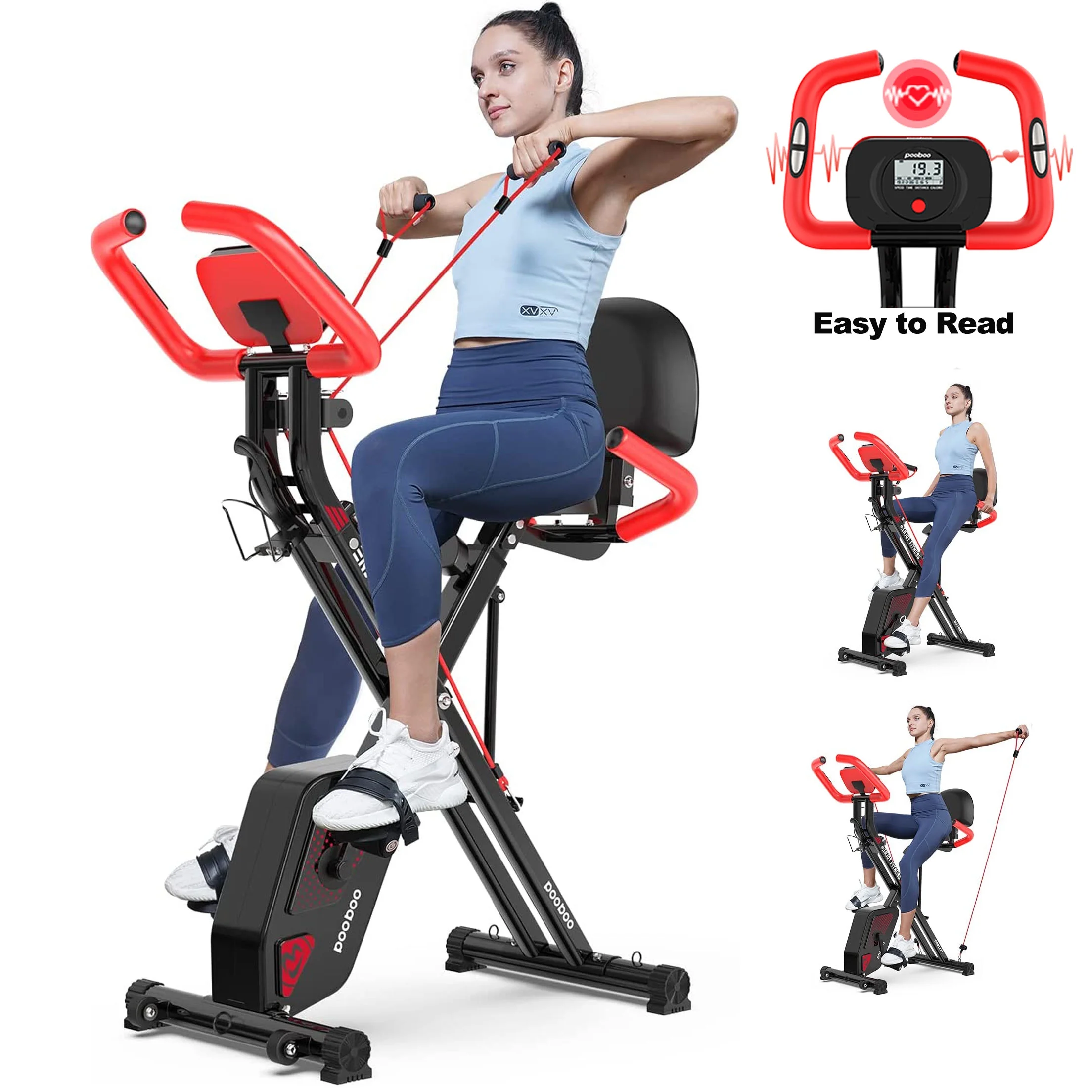 Pooboo 4in1 Folding Exercise Bike Indoor Cycling Bike Stationary Magnetic x Bike Gym Workout 300lb - Womvr