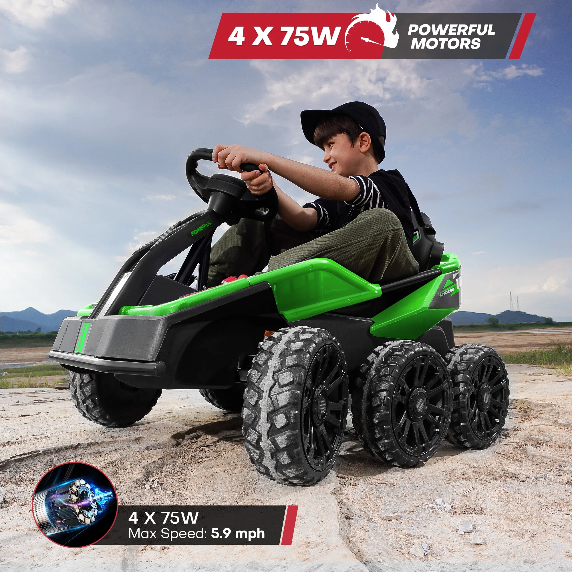 Teoayeah 24V Ride on Toys for Kids Ages 3-10, 2WD/4WD Switch, 4x75W Powerful Electric Car, 4 Shock Absorbers, Parent Remote, Music Player - Green - Womvr