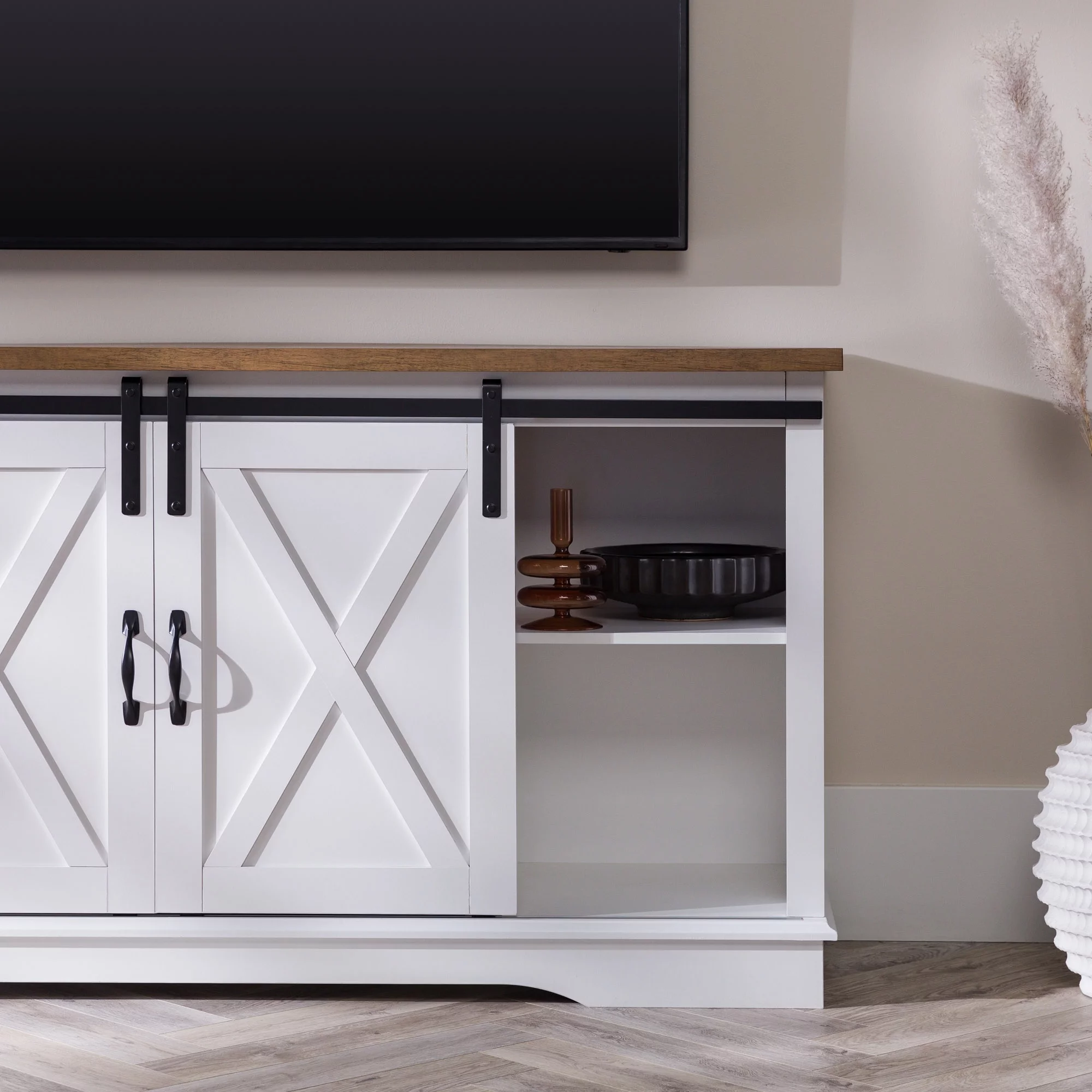 Woven Paths Farmhouse Sliding Barn Door TV Stand for TVs up to 65