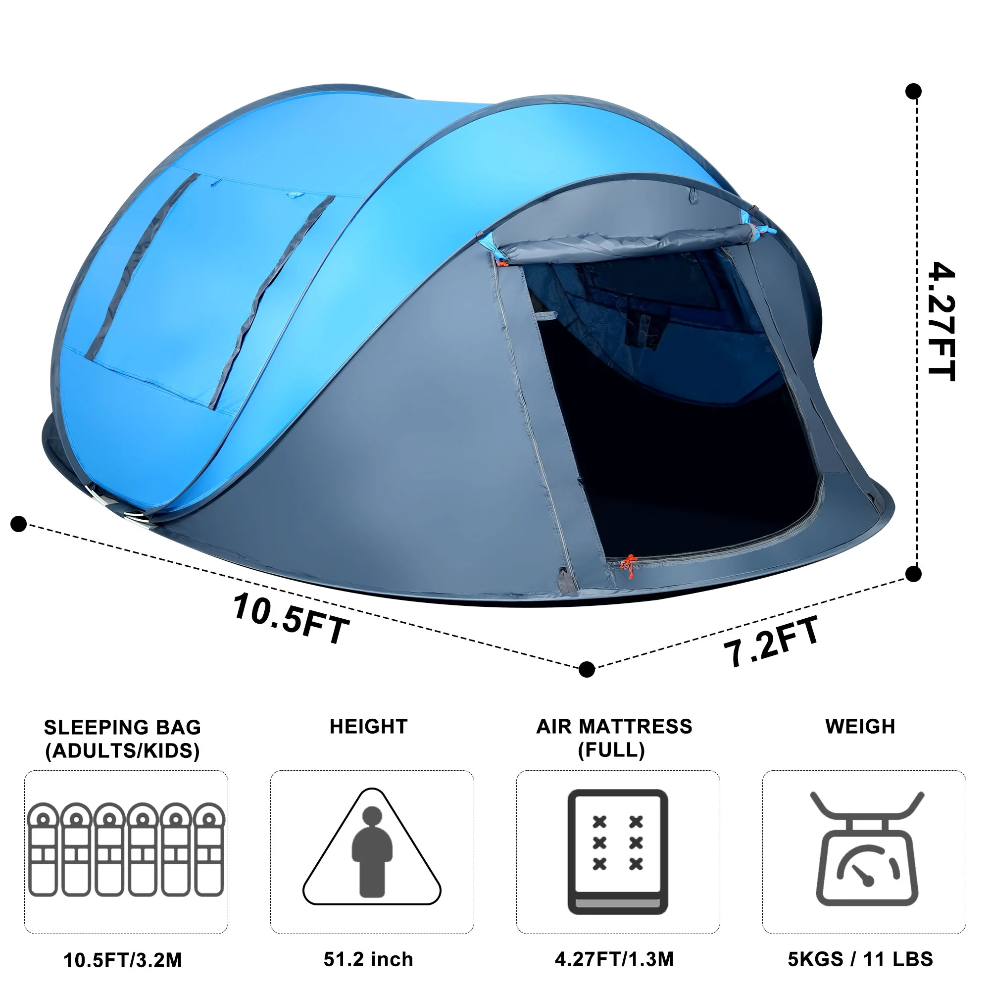 GVDV Camping Tent, 6 Person Easy Pop up Tent, Automatic Setup 2 Doors-Instant Family Tents for Camping Hiking & Traveling, 10.5ft x 7.2ft x52in, Green - Womvr