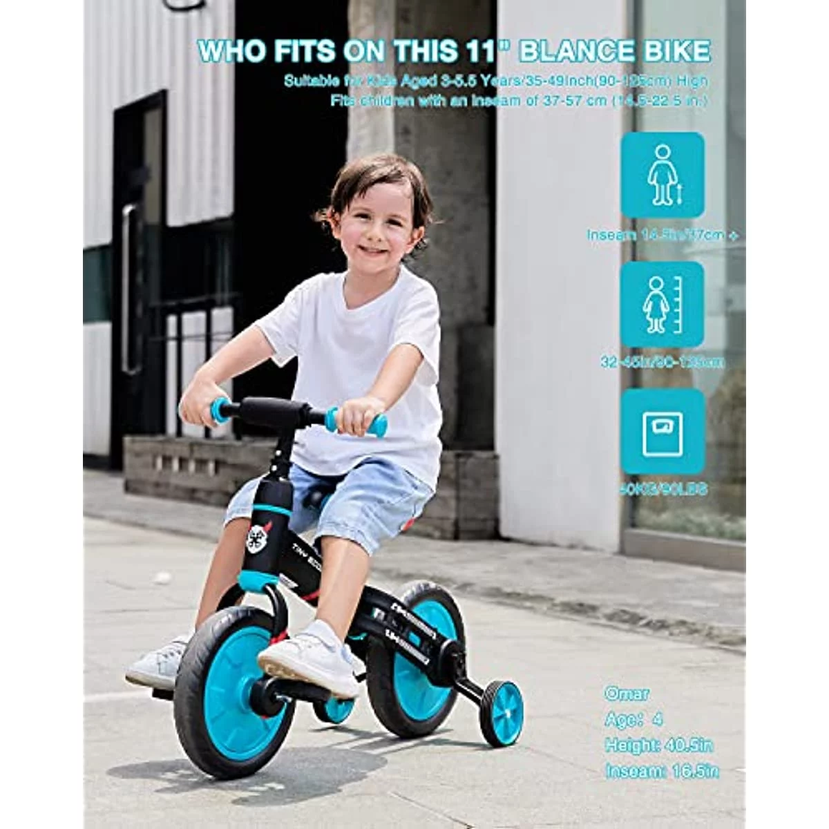 Ubravoo 4-in-1 Tiny Scout Balance Bike for Kids from 3 4 5 Years, Rear Double Rod,Blue - Womvr
