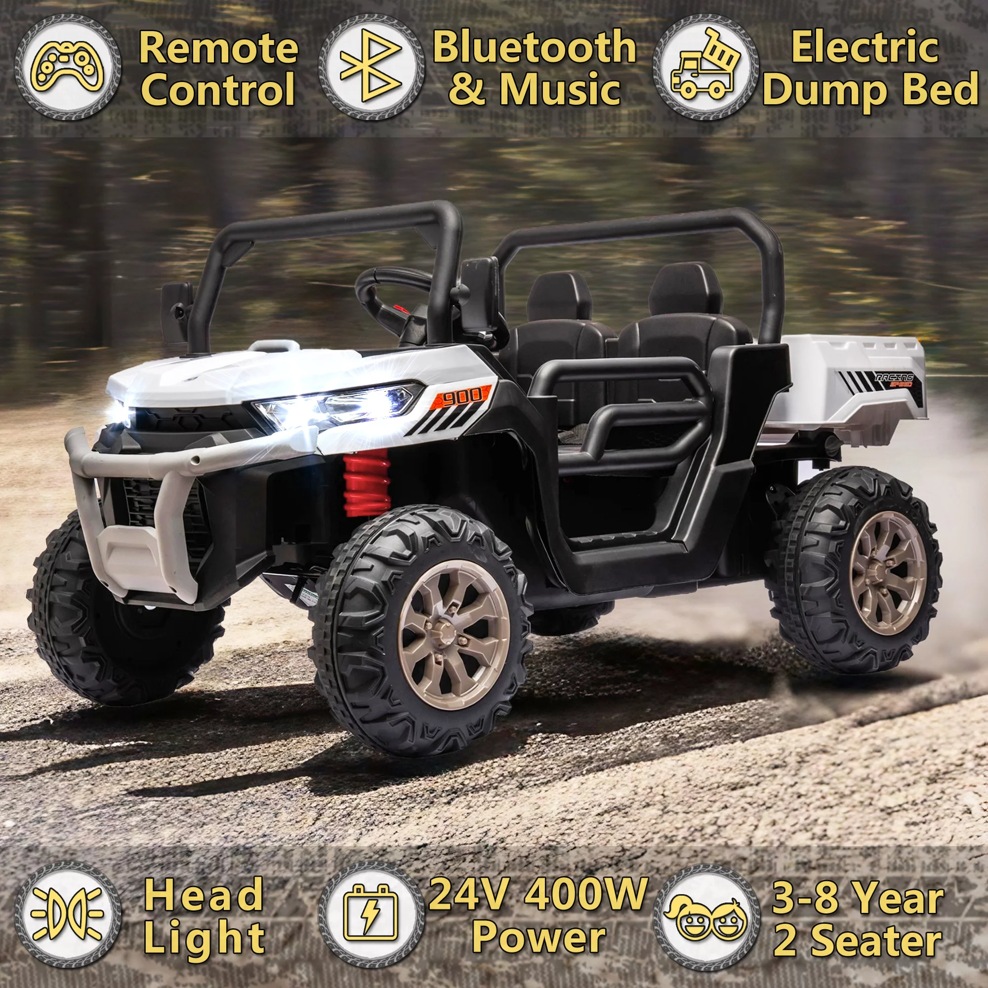 24V 2 Seater Ride on Toys, Ride On UTV with 2x200W Motor Ride On Dump Truck, Ride On Car with Dump Bed/Shovel, Electric Vehicle with Rubber Tires, LED Light, Music, Remote Control, Black - Womvr