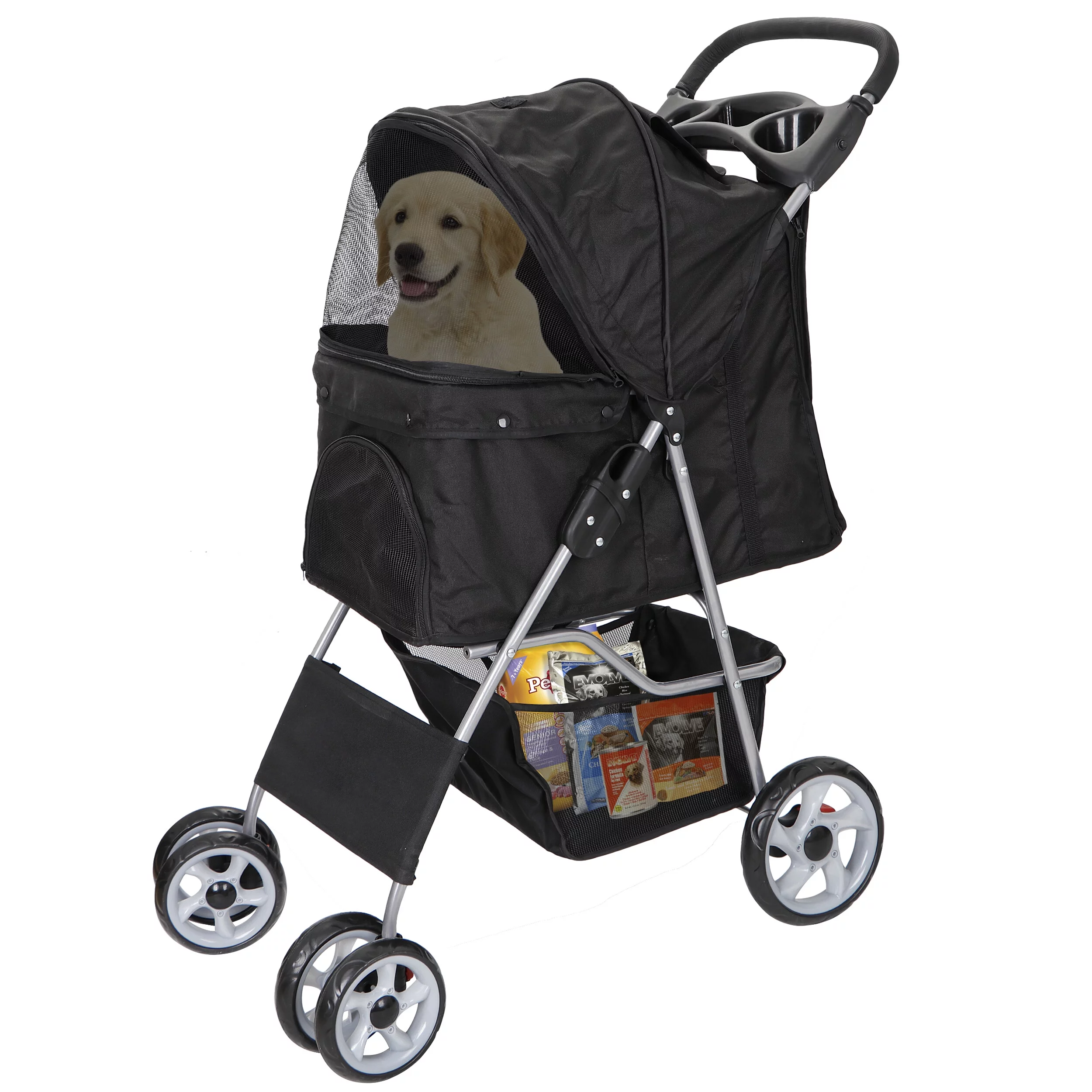 HomGarden 4 Wheel Pet Dog Stroller Foldable Carrier Strolling Cart for Small Medium Dog, Cat W/ Storage Basket & Cup Holder - Womvr